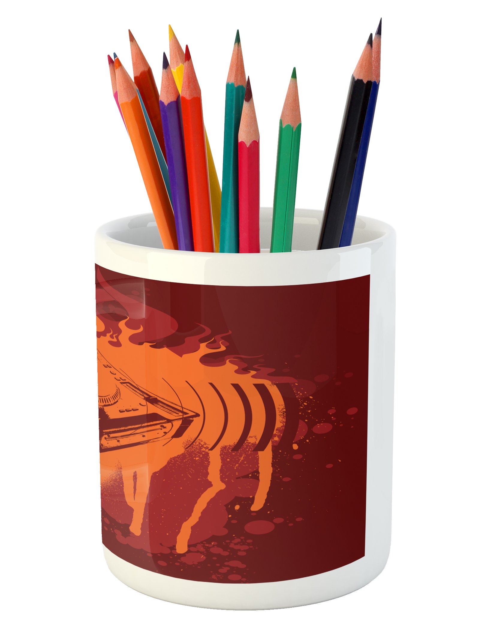 Psychedelic Music Turntable Ceramic Pen Holder - Dark Grunge Graffiti Design Desk Organizer for Office & Home (Burgundy/Orange/Maroon) | Perfect for Artists, DJs & Music Lovers Workspace Decor