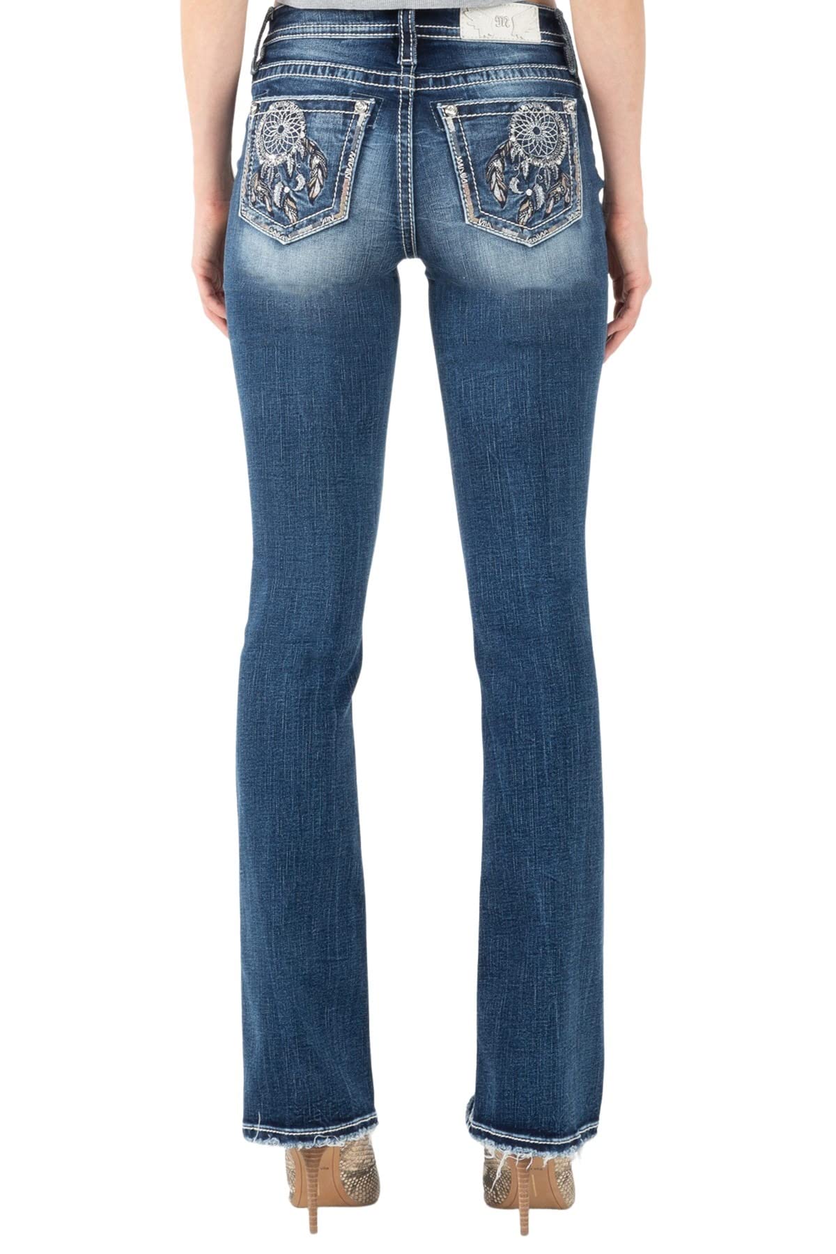 Miss Me Women's Mid Rise Bootcut Jeans with Hanging Feather Dreamcatcher Design - Stylish & Comfortable Denim for Casual Wear, Parties & Night Out