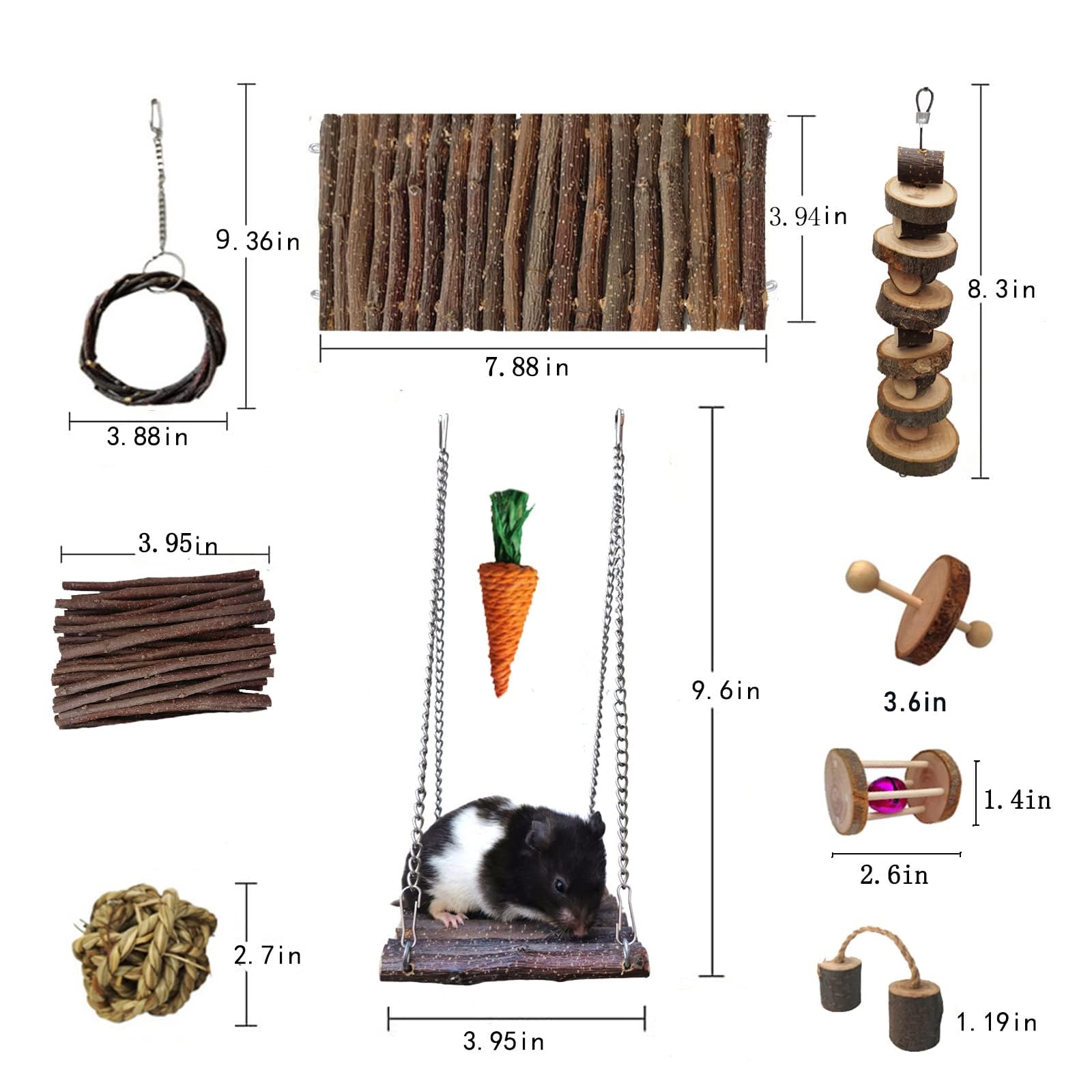Natural Apple Wood Chew Toys for Chinchillas, Hamsters, Guinea Pigs & Rats - Small Animal Teeth Care Set with Ball, Ladder, Bridge, Swing & Roller | Cage Accessories for Playground & Exercise Fun