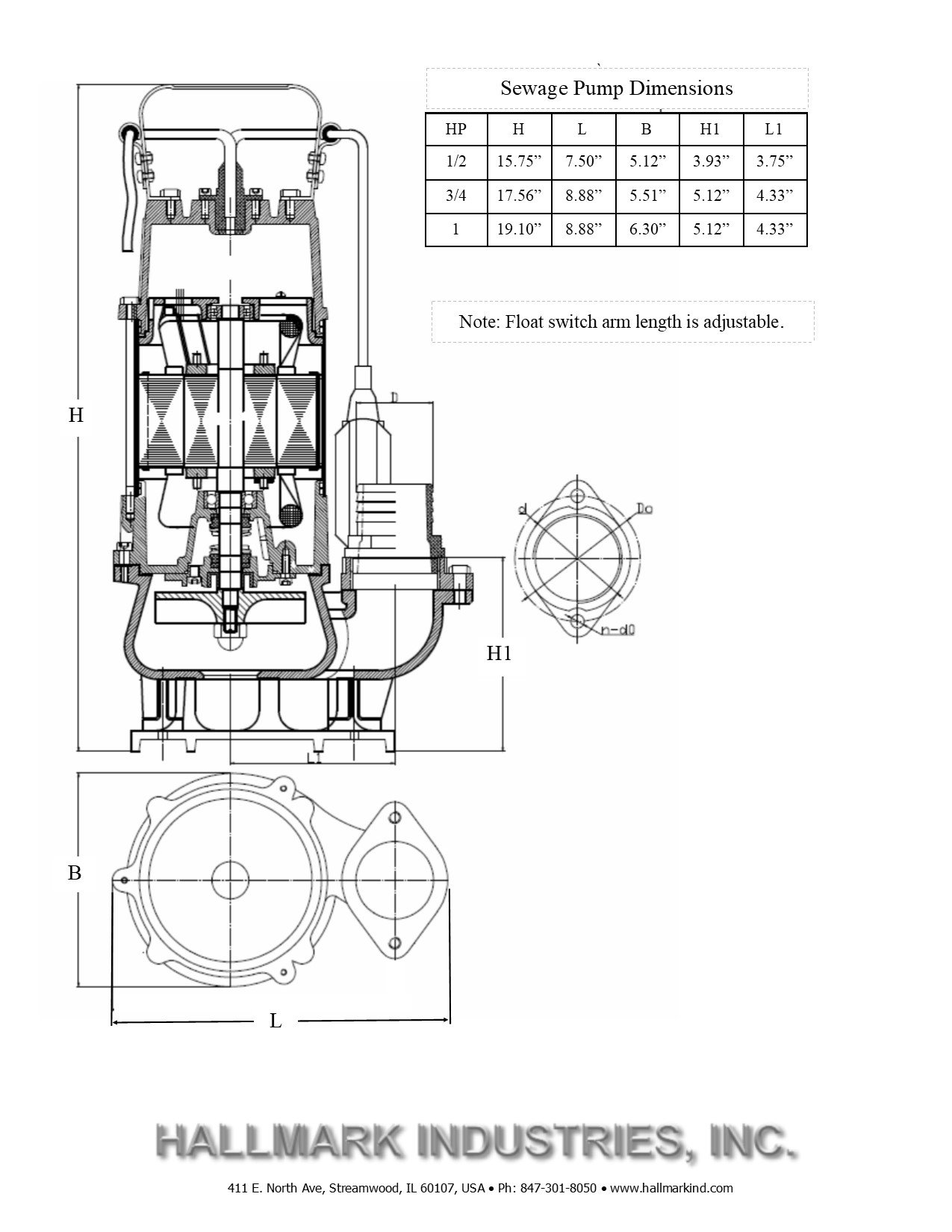 Hallmark Industries MA0387X-8 Heavy Duty Stainless Steel Sewage Pump with Float Switch - 5600 GPM, 3/4 HP, 115V, 38' Lift, 20' Cable - Ideal for Basement Flooding, Septic Systems & Wastewater Removal