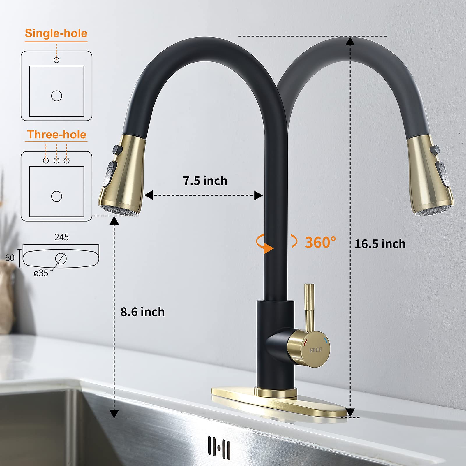 Black & Polished Chrome Pull-Down Sprayer Kitchen Faucet with Soap Dispenser - Single Handle High Arc Stainless Steel Sink Faucet for Modern Kitchens & Bar Sinks