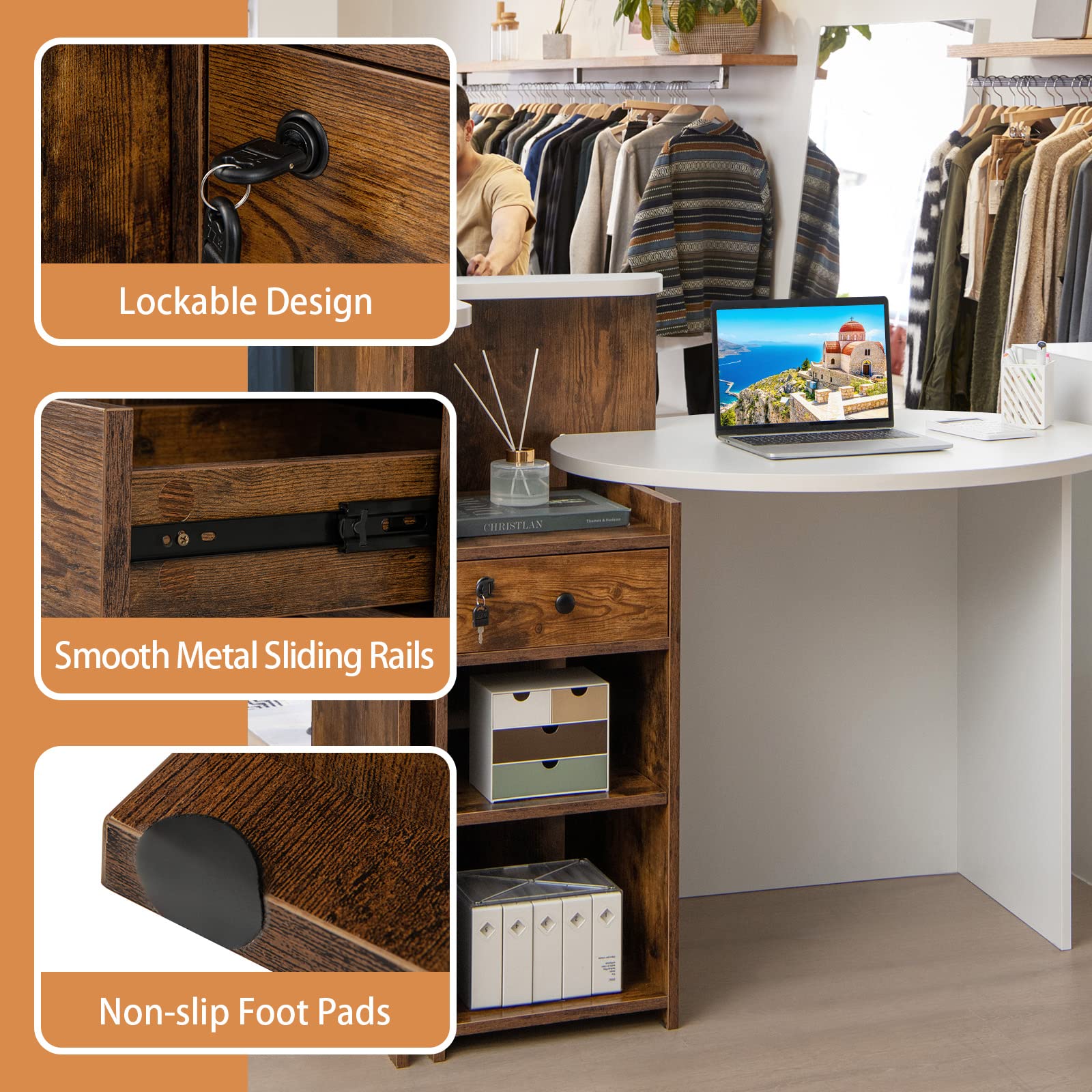 Tangkula Oval Reception Desk with Lockable Drawer & Adjustable Shelf - 60