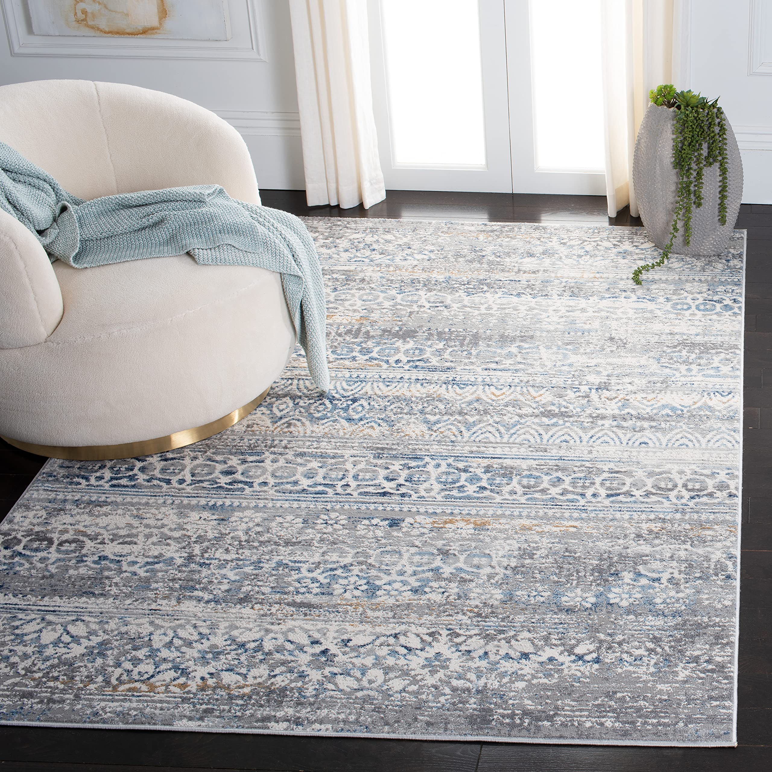 SAFAVIEH Amelia Collection 8' x 10' Area Rug - Grey & Blue Bohemian Chic Distressed Design, Non-Shedding & Easy to Clean, Perfect for Living Room, Bedroom, Dining Room & High Traffic Areas (ALA484F) - Soft & Durable for Home Decor, Office Spaces & Cozy Gatherings
