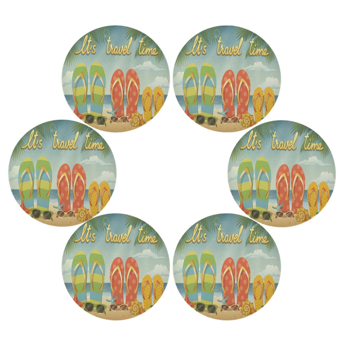Wamika Summer Flip Flops Beach Round Placemat Set of 6 - 15.4 Inch Palm Tree Table Mats for Dining, Kitchen Decor - Perfect for Indoor Use, Beach Parties, and Tropical Themed Home Decor