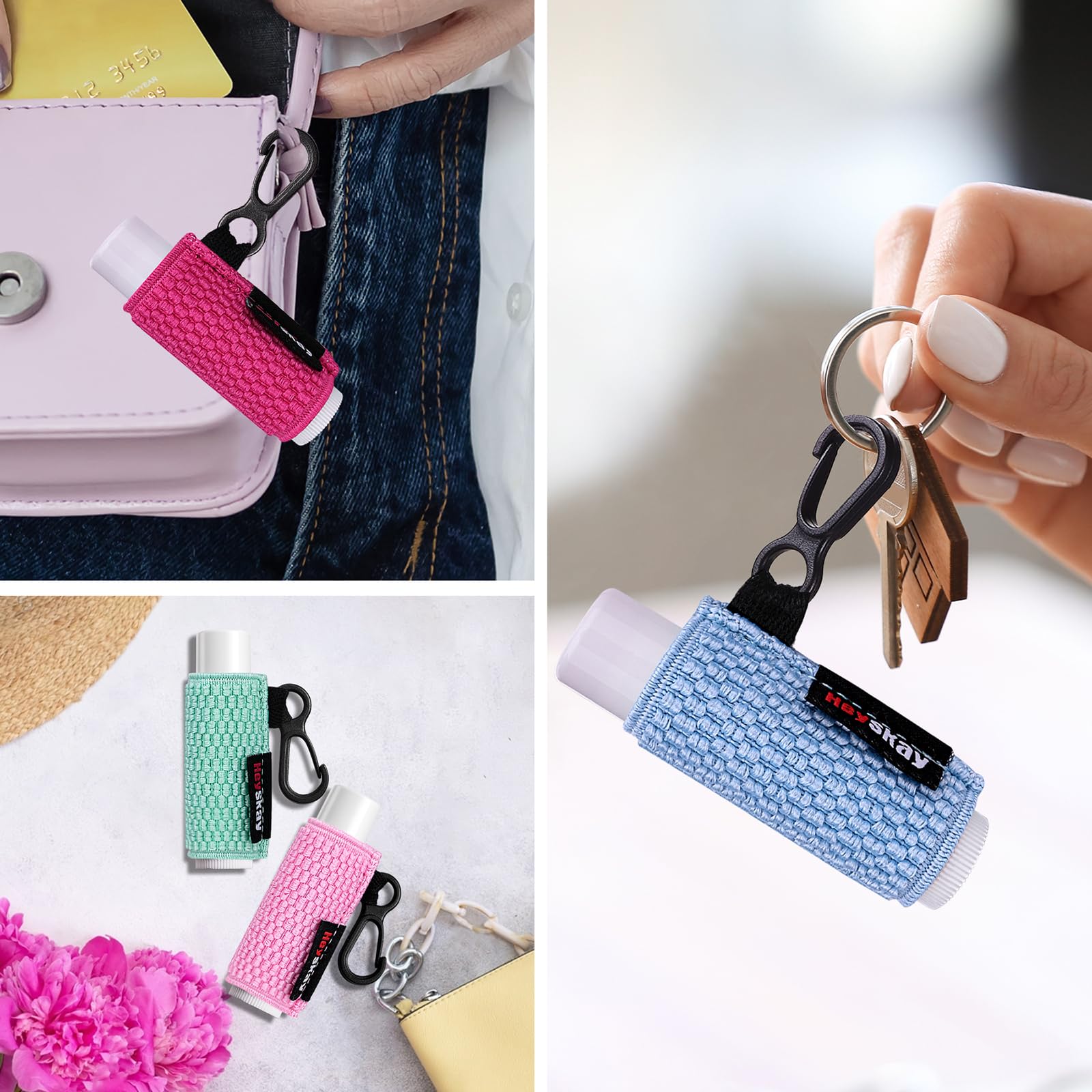 HEYSKAY 3PCS Lip Balm Holder Keychain - Compact Clip-On Lipstick, Chapstick & Lip Gloss Organizer with Elastic Sleeves - Perfect for Keychains, Purses & Travel Essentials