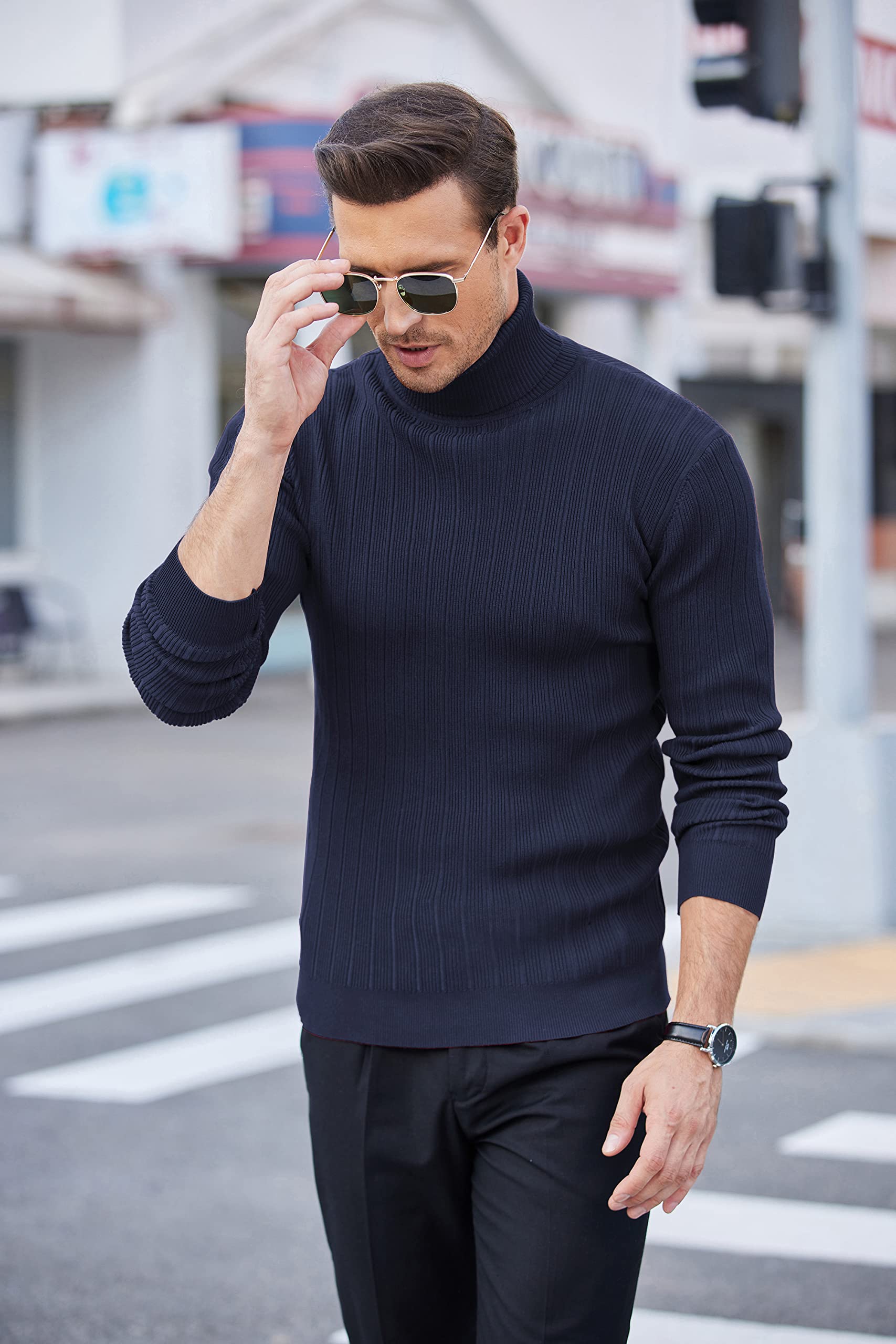COOFANDY Men's Slim Fit Ribbed Knit Turtleneck Sweater - Winter Warm High Neck Pullover for Office, Dating & Casual Outfits