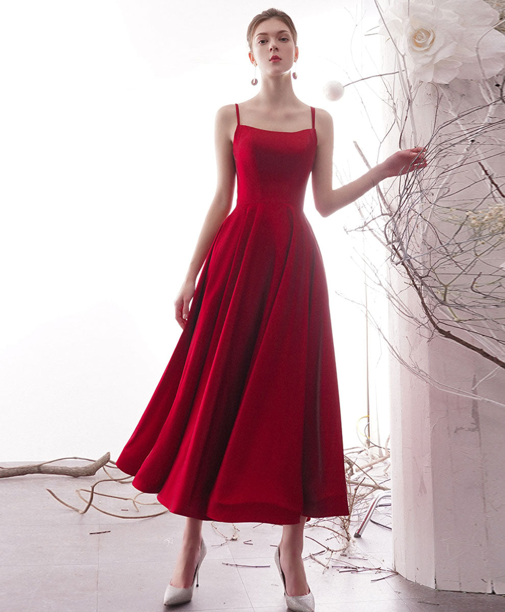 Elegant Red Satin Tea-Length Prom Dress for Homecoming - Perfect for Formal Dances, Parties & Special Occasions