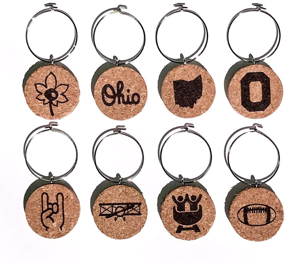 Ohio Wine Charms Set of 8 - Unique Cork Wine Glass Charms for Wine Lovers (20+ Themed Designs) - Perfect Ohio Souvenirs, Gifts & Drink Identifiers - Ideal for Parties, Weddings & Wine Tasting Events