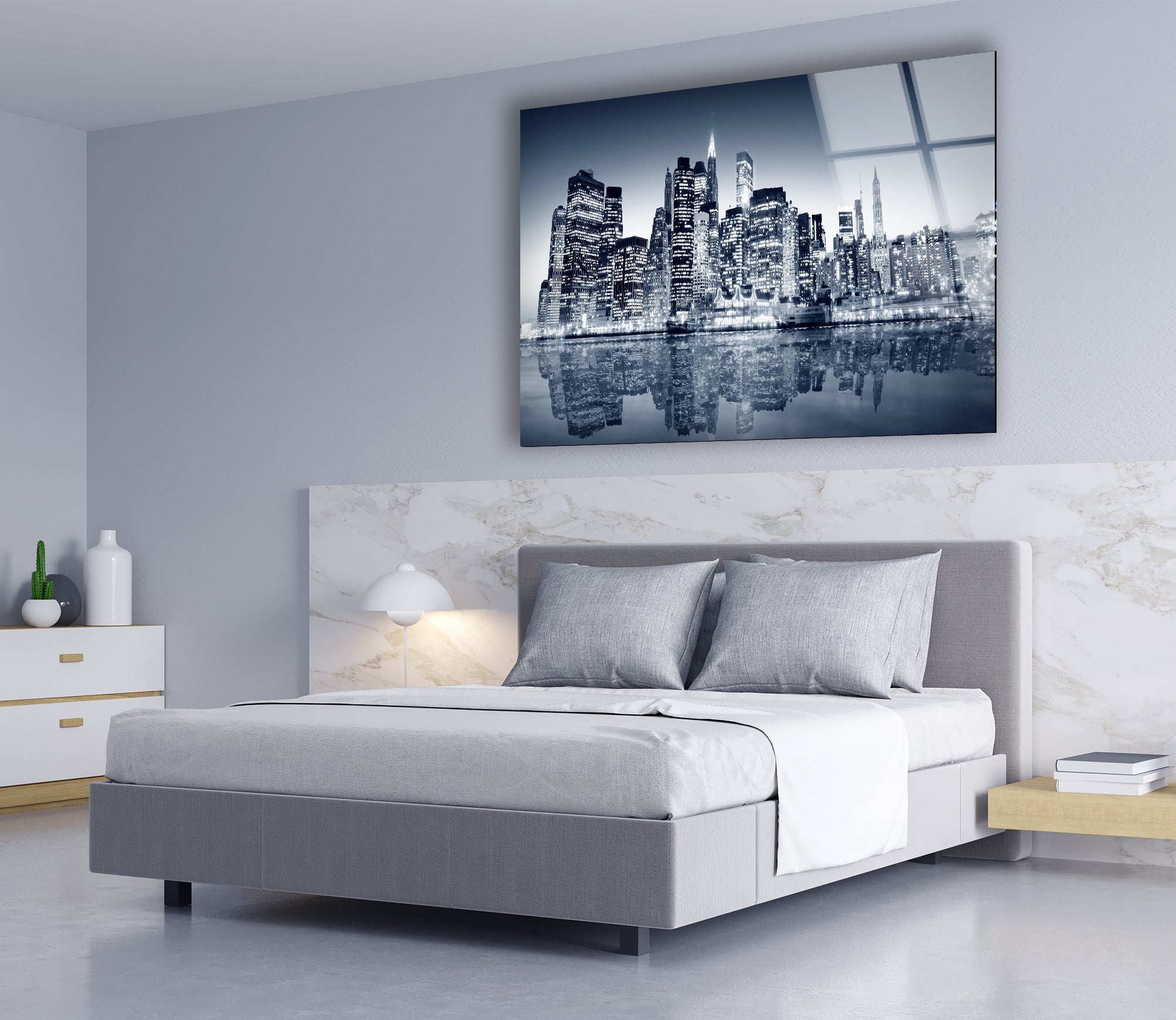 Black and White New York City Skyline Glass Wall Art - Iconic NYC Skyline View with Mirror Reflections - Perfect for Home Office Decor & Modern Living Room Wall Art