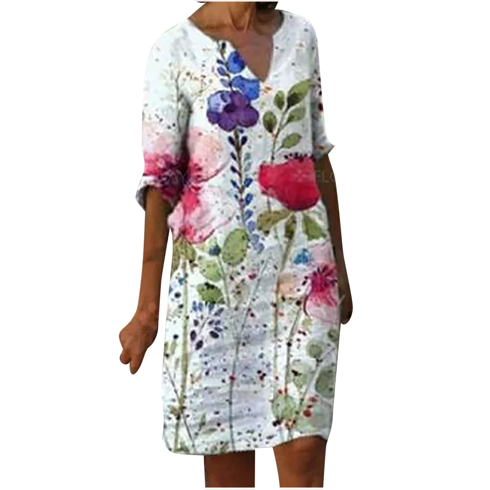 Women's Cotton Linen Floral Print Dress - Casual Loose Short Sleeve Knee Length Boho Dress for Summer Beach, Vacation & Outdoor Activities