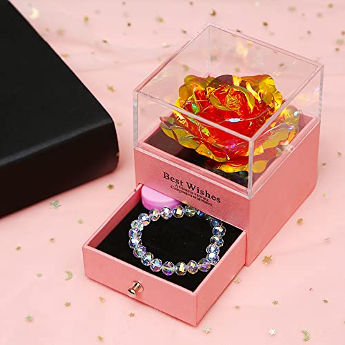 Everlasting Preserved Rose Gift Set with Necklace & Crystal Bracelet - Valentine's Day Romantic Present, 100 Languages 'I Love You' Jewelry Box (Perfect for Anniversaries, Weddings & Special Occasions)