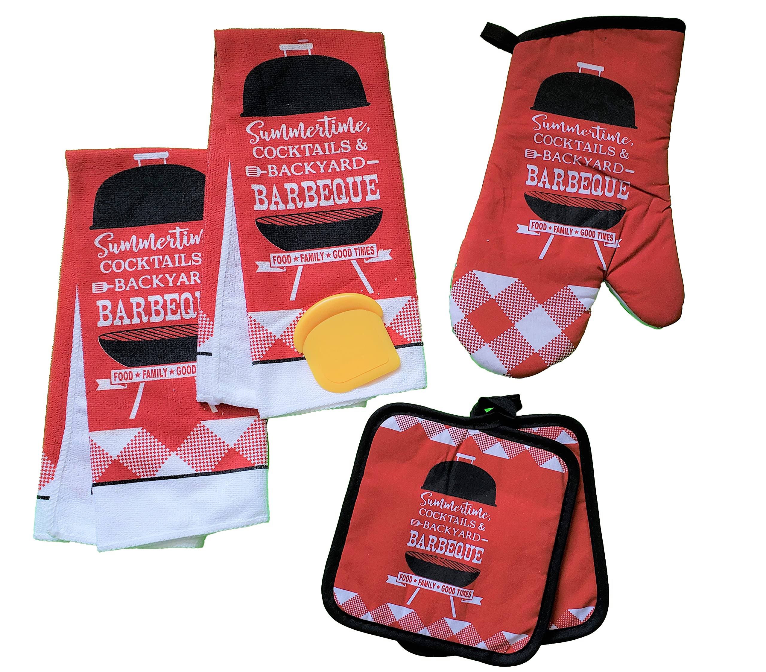 Farmhouse Buffalo Check Kitchen Towel Set - 2 Quilted Pot Holders, 2 Dish Towels & 1 Oven Mitt with Bonus Nylon Pan Scraper - BBQ & Grilling Accessories for Rustic Kitchen Decor (Red)