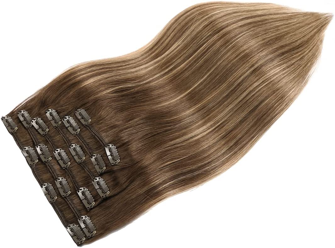 VINBAO 20 Inch Clip In Human Hair Extensions - 6pcs 120g Double Drawn Remy Hair (#4/27/4) Balayage Chocolate Brown to Caramel Blonde - Perfect for Parties, Weddings & Daily Styling