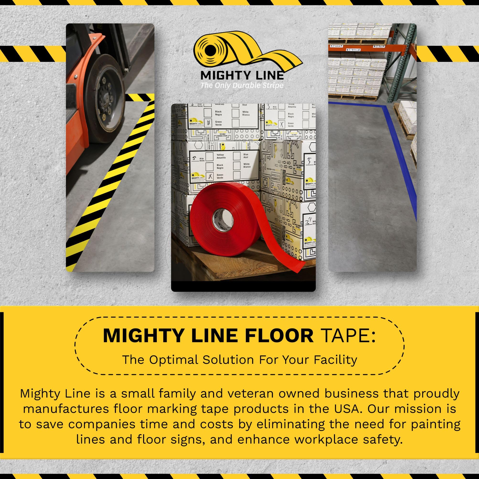 Mighty Line 3RB Non-Slip Floor Tape - 3 Inch x 100 Feet Blue Safety Marking Tape for Warehouses, Factories & Gym Floors