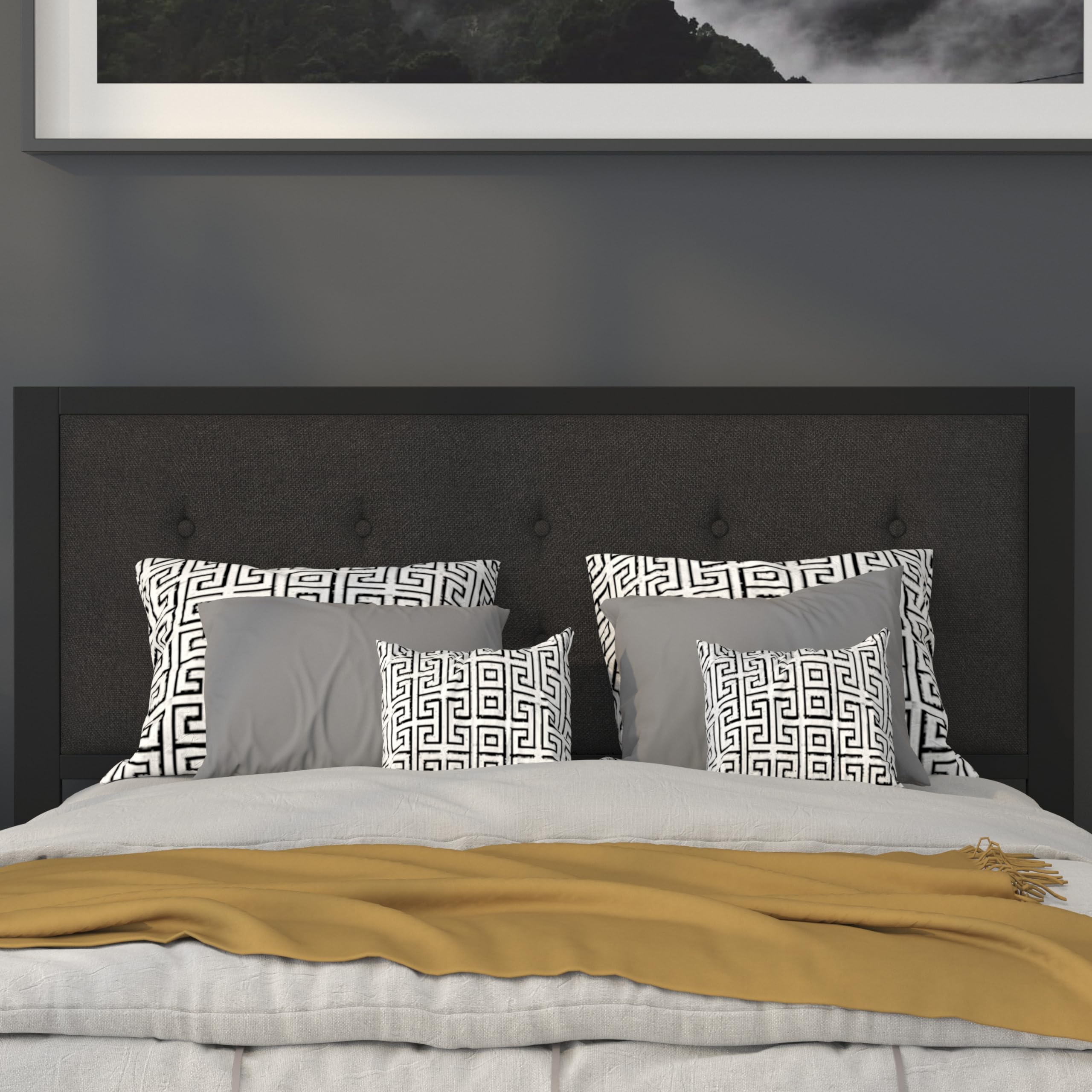 EMMA + OLIVER Queen Size Upholstered Metal Panel Headboard - Tufted Black Fabric for Bedroom Decor | Modern & Elegant Bed Frame Headboard for Master Bedroom or Guest Room