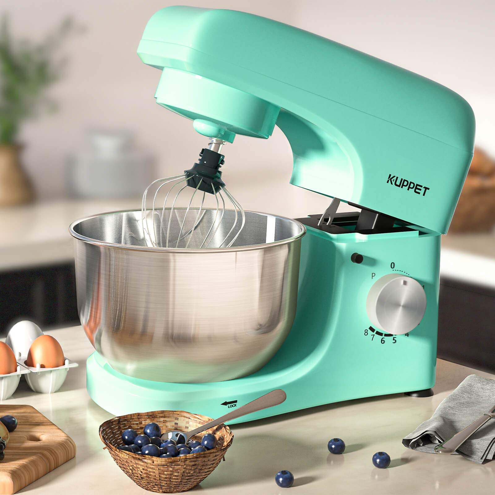 KUPPET 8-Speed Tilt-Head Stand Mixer with 4.7QT Stainless Steel Bowl, Dough Hook, Wire Whip & Beater - Perfect for Baking Cakes, Cookies, Bread & More (Green)