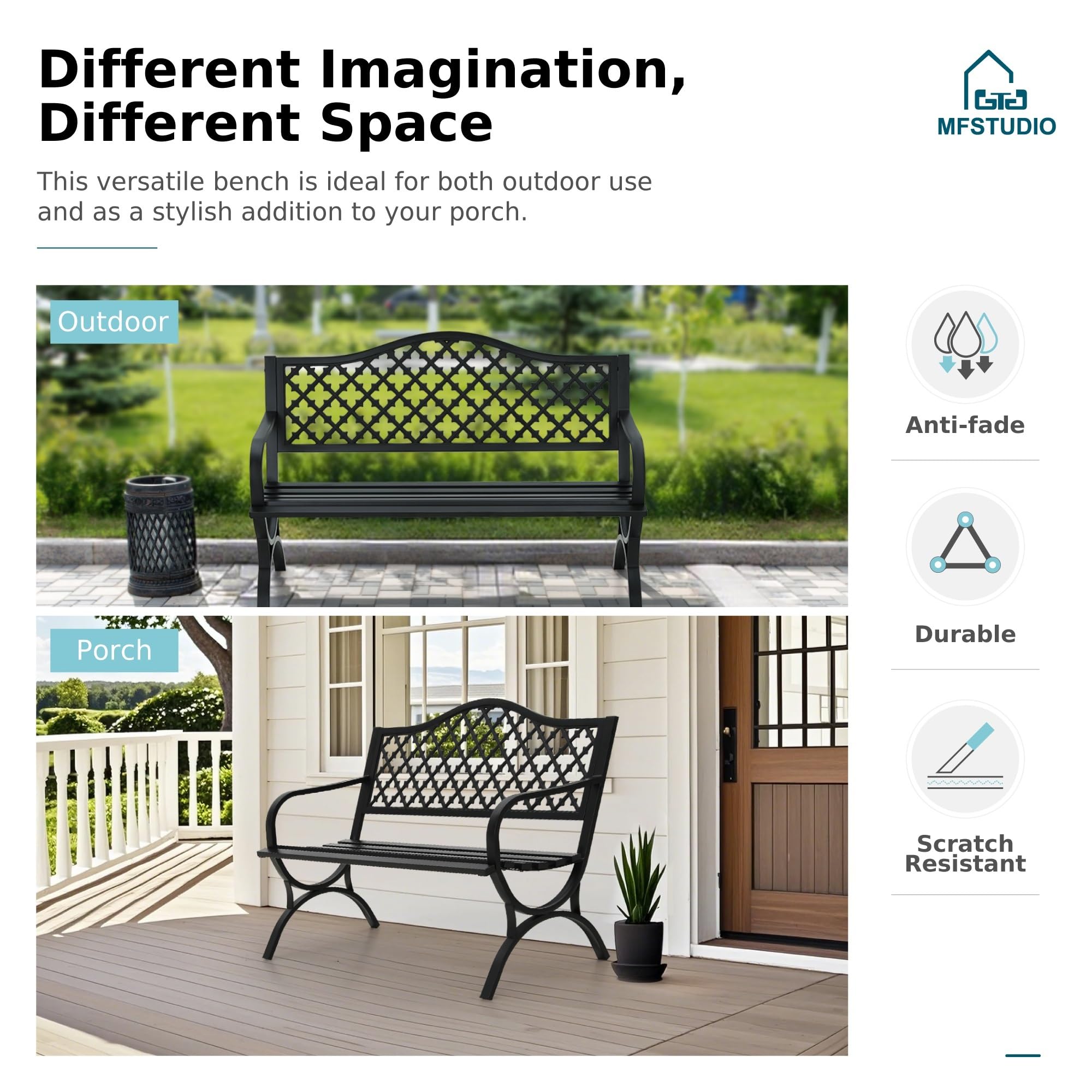MFSTUDIO 50 Inch Black Outdoor Metal Garden Bench with Arch Legs - Heavy Duty Cast Iron Patio Furniture with E-Coating - Perfect for Porch, Yard, Garden & Outdoor Seating