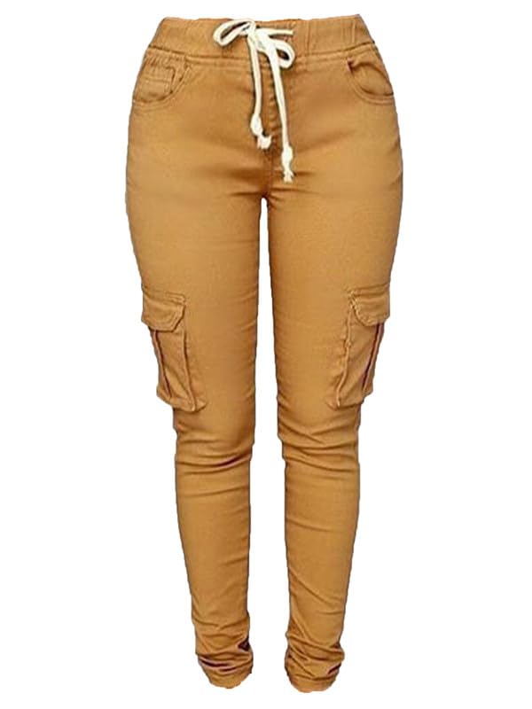 Andongnywell Women's Casual Stretch Drawstring Skinny Cargo Jogger Pants - High Waisted Tie Butt Lift Trousers with Pockets for Workout, Running & Everyday Wear