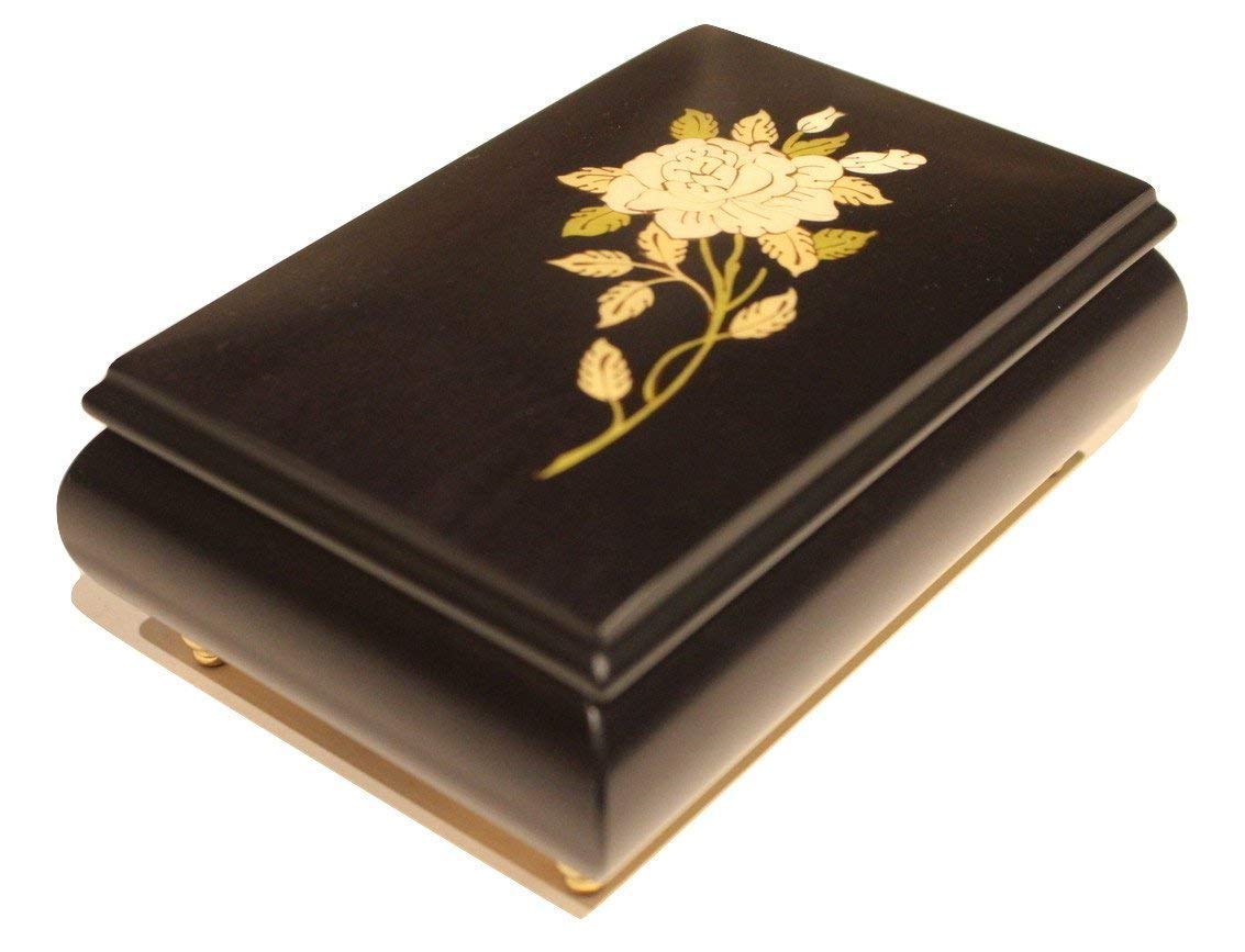 Elegant Matte Black Floral Italian Inlaid Music Jewelry Box - Customizable Tune Options - Perfect for Gift Giving, Home Decor & Jewelry Storage