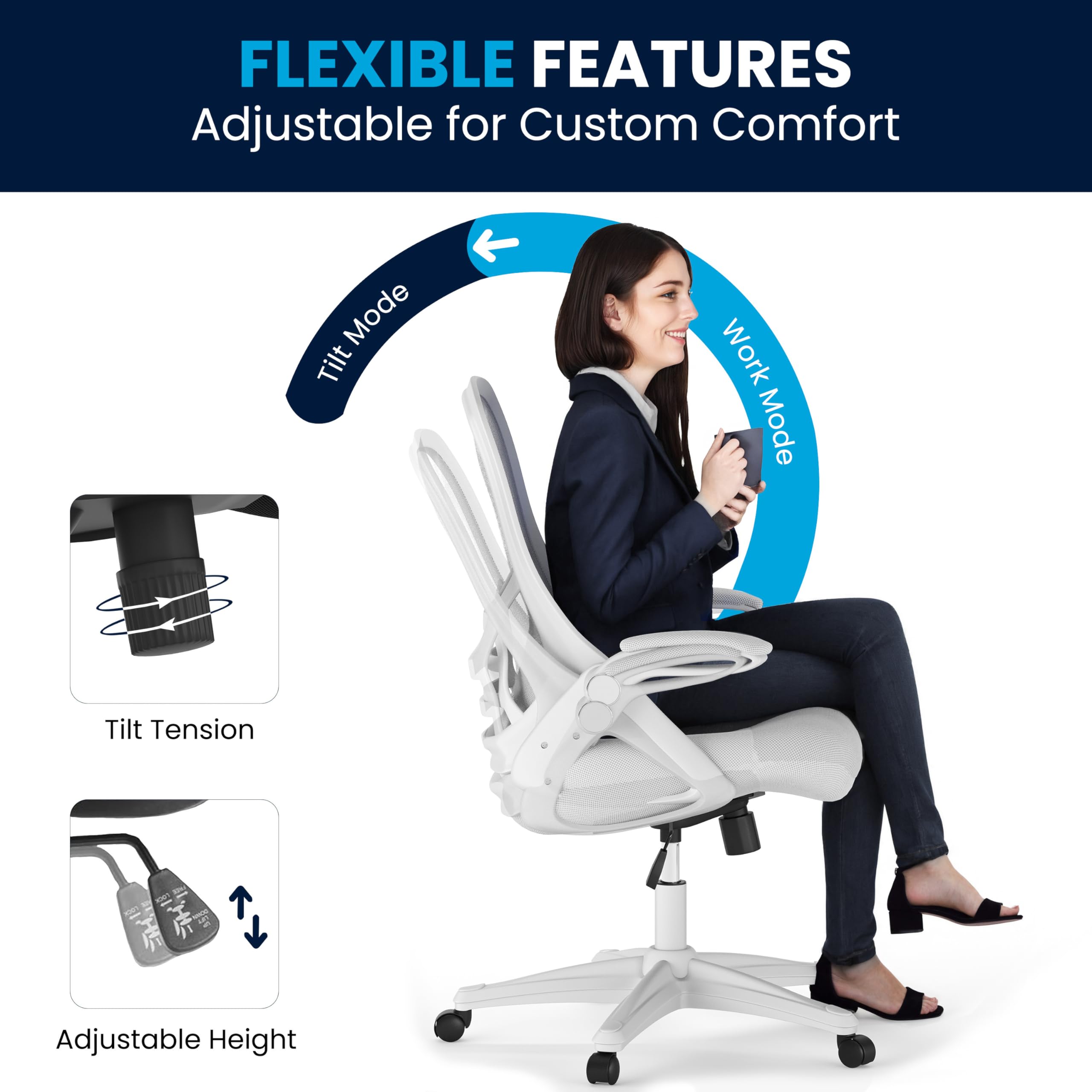 Flash Furniture Porter High-Back Swivel Office Chair with Adjustable Lumbar Support & Height - Ergonomic Mesh Desk Chair with Flip-Up Armrests, White - Perfect for Home Office, Gaming & Workspaces