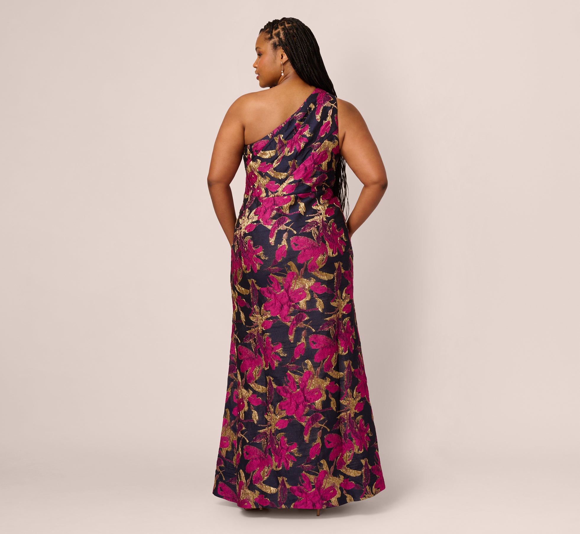 Plus Size One Shoulder Jacquard Dress for Women - Navy & Pink Floral Print, Elegant Formal Evening Gown for Parties, Weddings & Special Occasions
