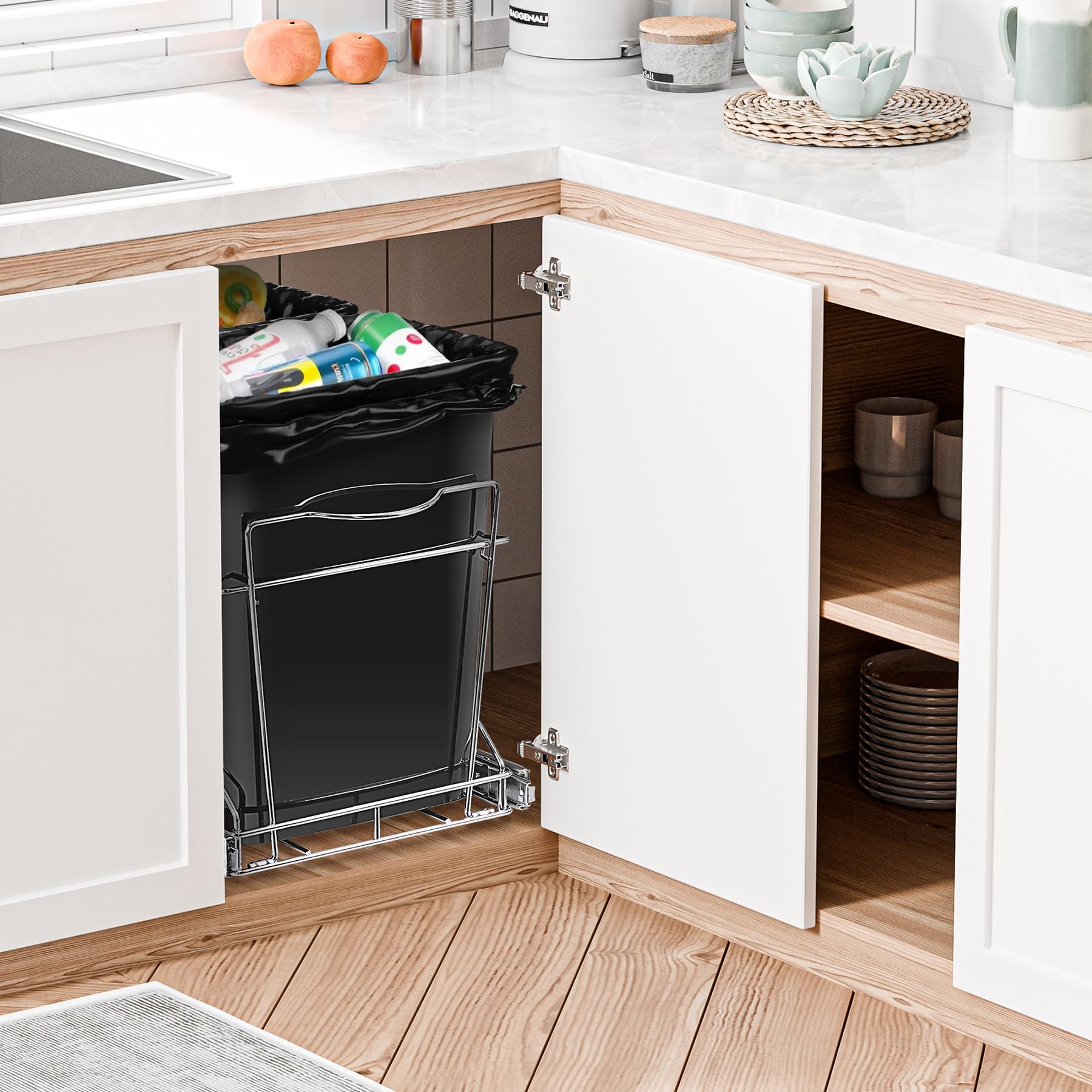 35-Quart Sliding Pull-Out Trash Can for Kitchen Cabinets - Dual Compartment Under Sink Waste Bin - 17.5 Gallon Under Cabinet Garbage Container for Home & Office Use - Perfect for Recycling & Waste Separation