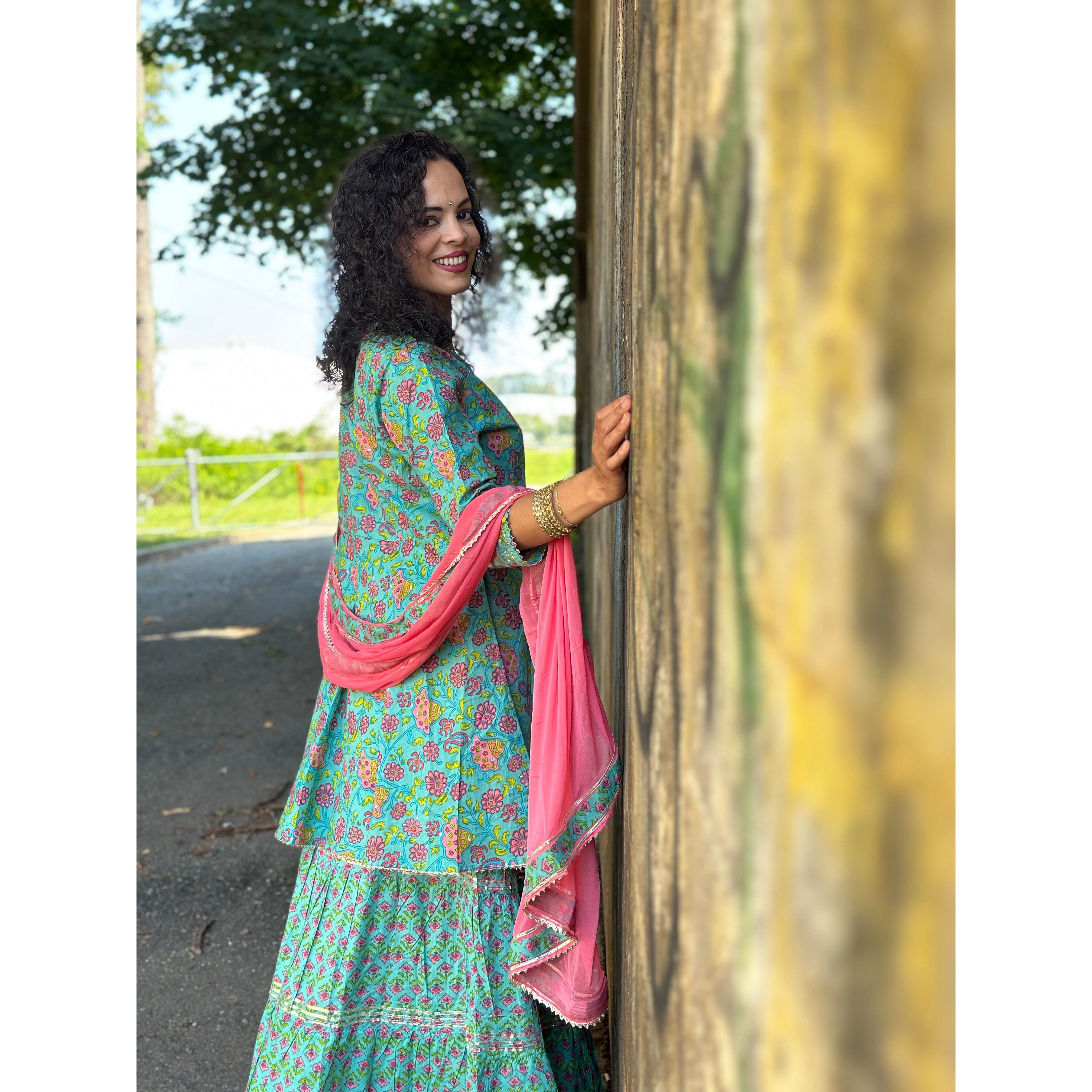 Stylish Sea Green Printed Kurti Set with Skirt & Dupatta - Perfect for Festivals, Weddings & Ethnic Occasions
