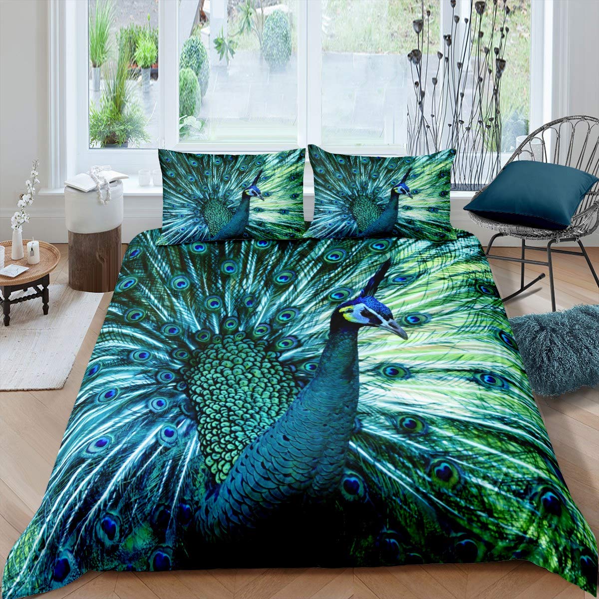 Feelyou Peacock Duvet Cover Set - Animal Print Twin Size Bedding for Kids & Teens - Soft Microfiber Comforter Cover with Feather Design - 2 Piece Bedroom Collection for Boys & Girls - Perfect for Kids' Rooms, Dorm Decor & Themed Bedrooms