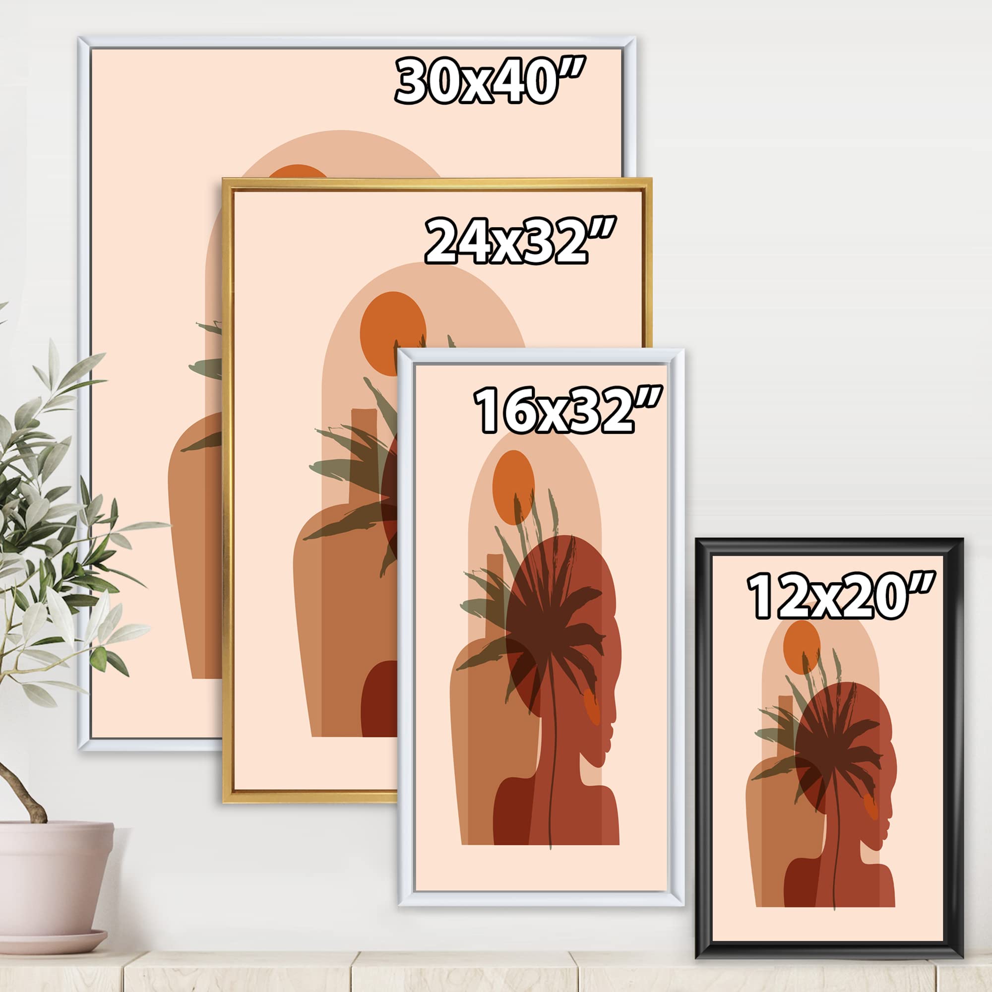 Abstract Tropical Palm Leaf & Pretty Girl Portrait Framed Canvas Wall Art - Modern Home Decor for Living Room, Bedroom & Office