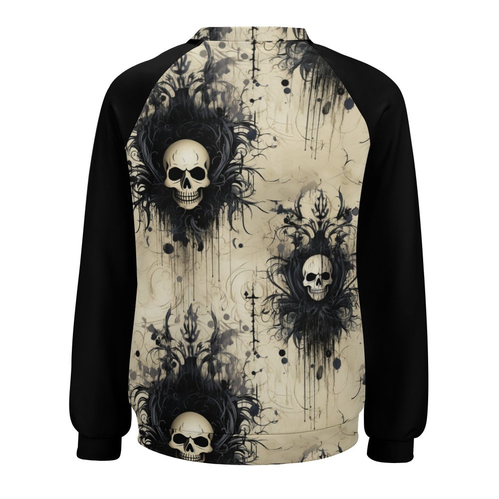 Gothic Skull Print Raglan Round Neck Sweater for Women - Trendy Halloween & Punk Fashion Pullover - Perfect for Concerts, Parties & Gothic Style Outfits