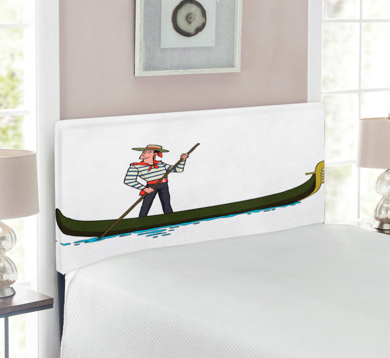 Ambesonne Cartoon Headboard - Gondola in Venice Romantic European Love Italian Design, Upholstered Decorative Metal Bed Headboard with Memory Foam, Twin Size, Brown & White - Perfect for Kids' Bedroom, Guest Room & Themed Decor