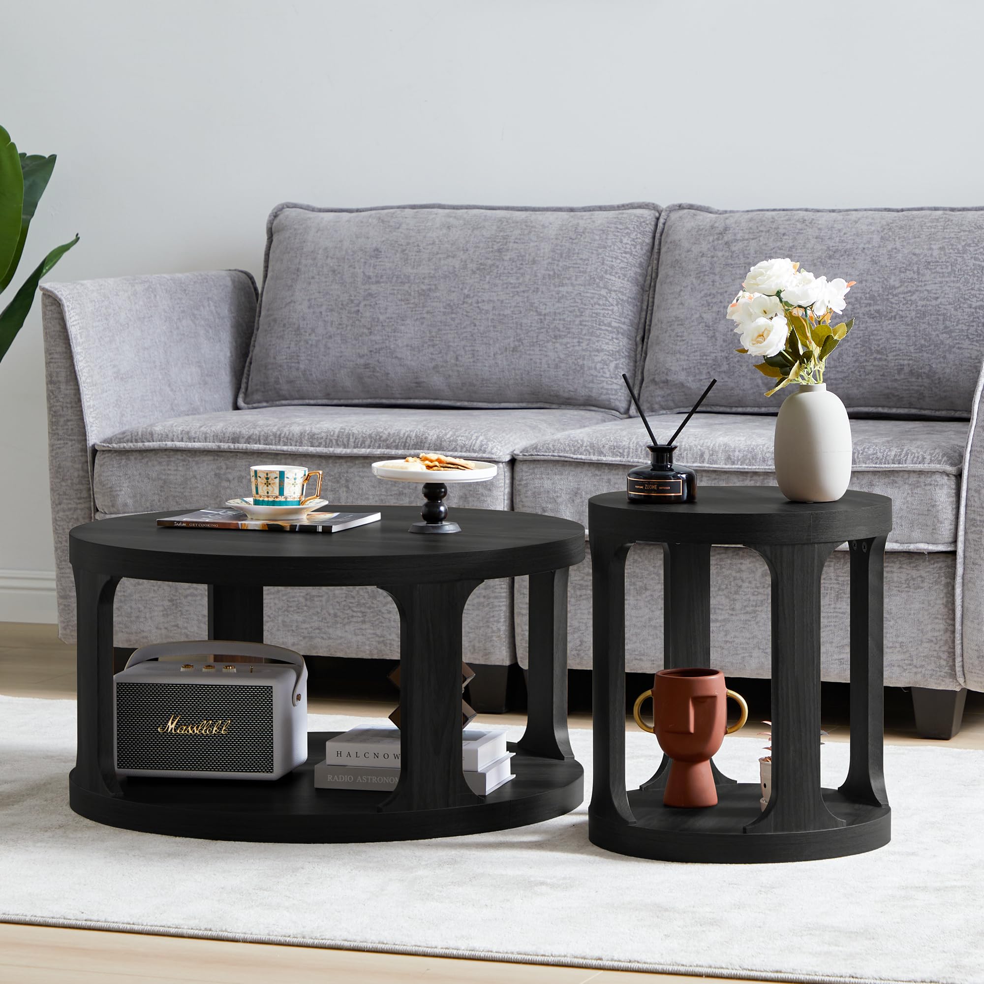 2-Piece Round Coffee Table and End Table Set with 2-Tier Storage - Modern Accent Side Tables for Living Room, Bedroom or Office (Black) - Perfect for Small Spaces & Home Decor