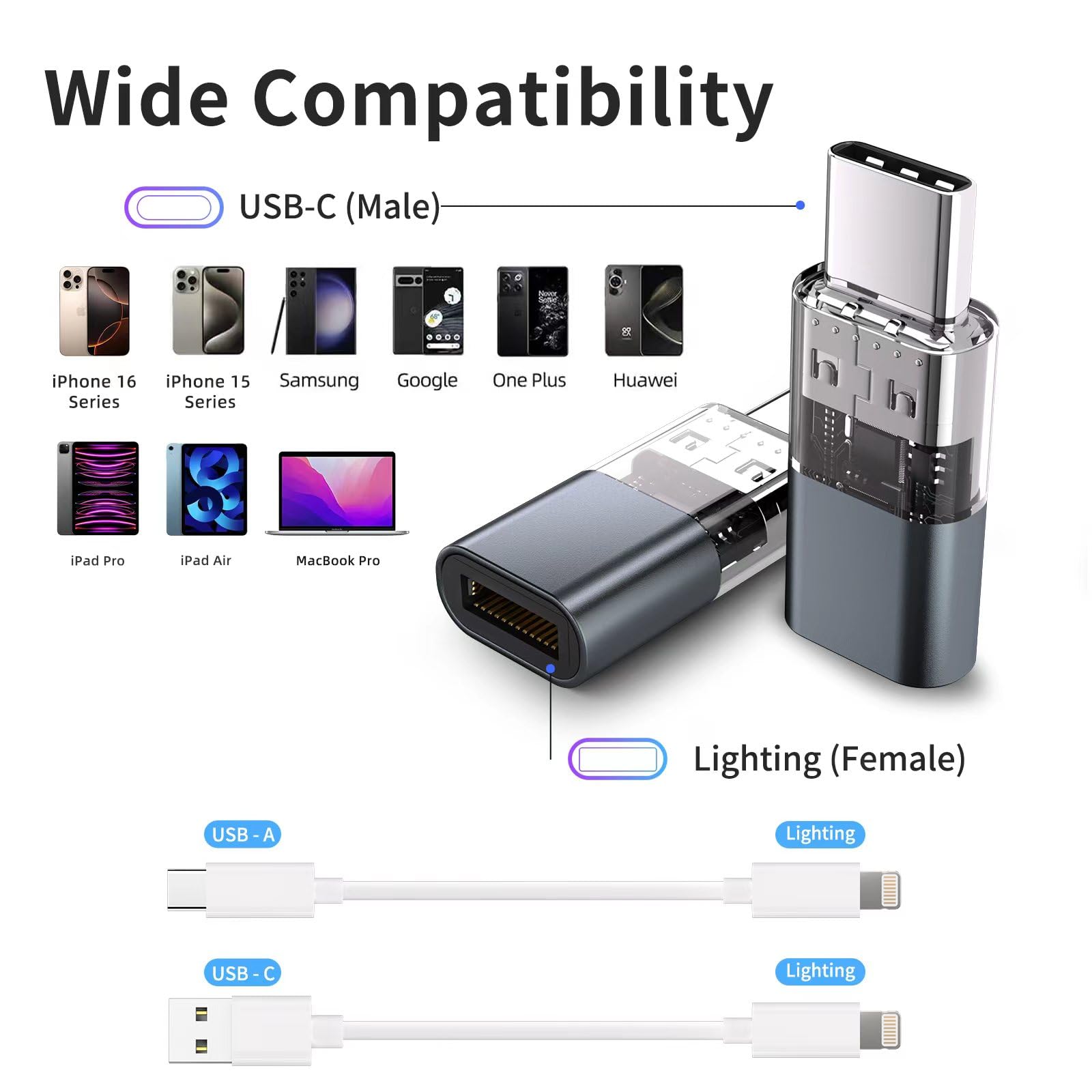 4 Pack Lightning to USB C Adapter - Fast Charging & Data Sync for iPhone 15/16 Pro/Pro Max/Plus, Samsung S24/S23, iPad Air, Nintendo Switch - Compatible with iPhone 15 Charger & Type C Devices (Black) - Perfect for Travel, Office & Home Charging Solutions