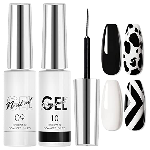 Black & White Gel Nail Polish Set - Long Lasting Nail Art Gel with Liner for DIY Neon Nail Designs (Black + White) - Perfect for Home Manicures, Salon Use & Party Nail Art