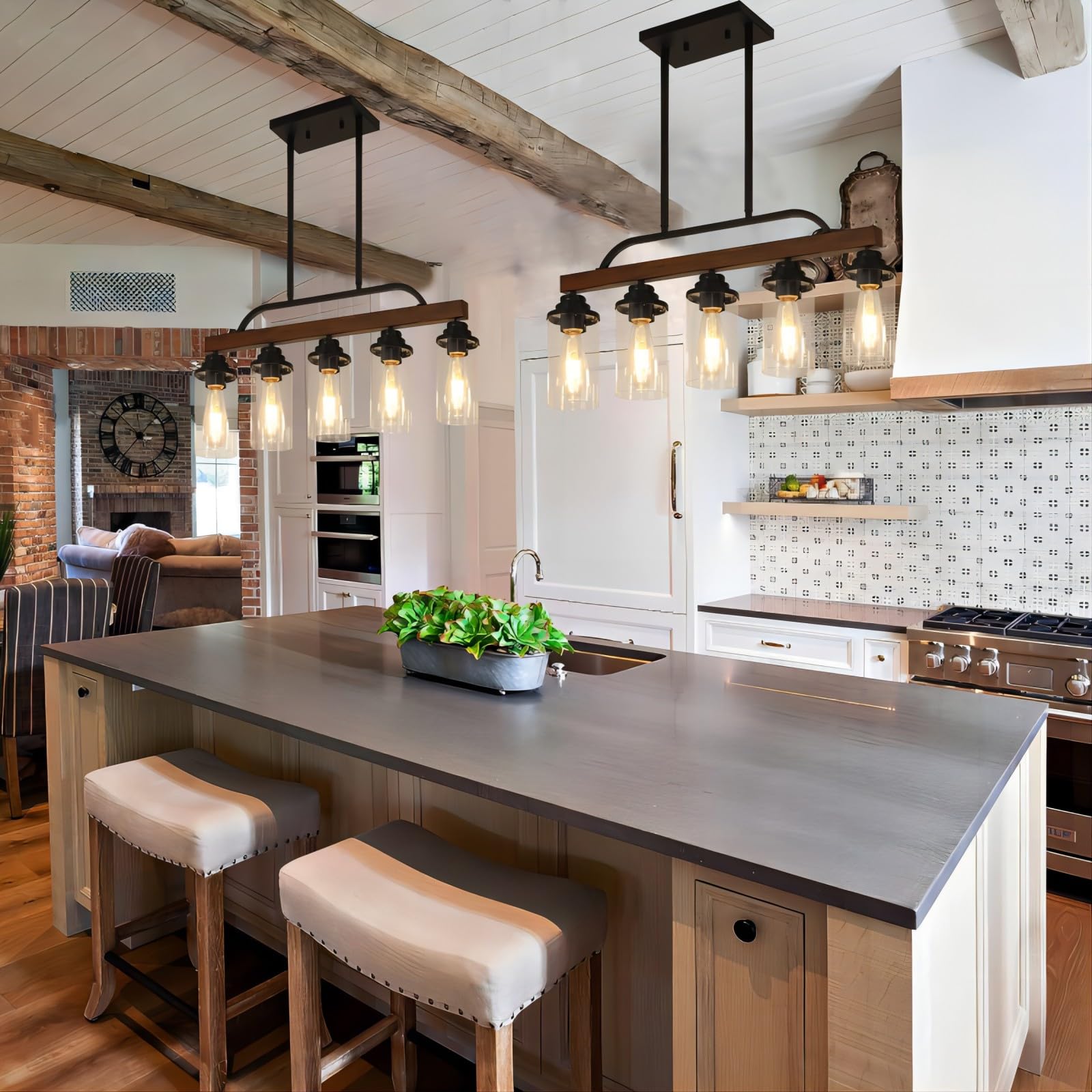 SEEBLEN 5-Light Farmhouse Chandelier - Black Metal Adjustable Kitchen Island Lighting with Clear Glass Shade - Rustic Industrial Dining Room Ceiling Fixture for Kitchen, Restaurant, Cafe and Home Decor