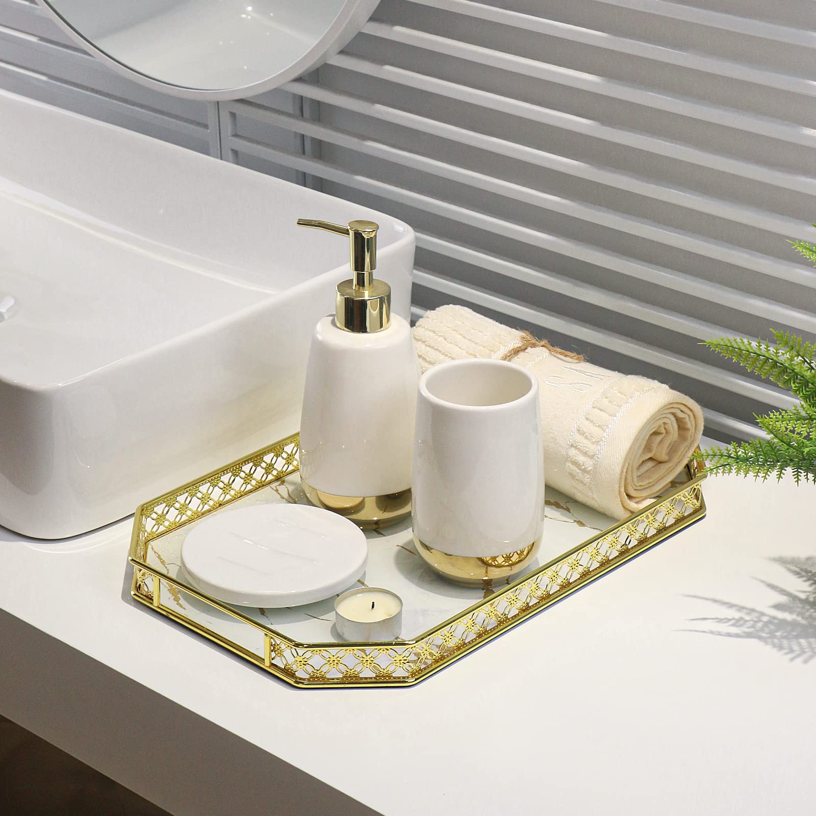 Elegant Gold Vanity Tray - 14×9×1.2 Inch Decorative Organizer for Perfume, Jewelry & Makeup | Perfect for Dresser, Bathroom & Home Decor | Stylish Storage Solution for Cosmetics, Rings & Fragrances