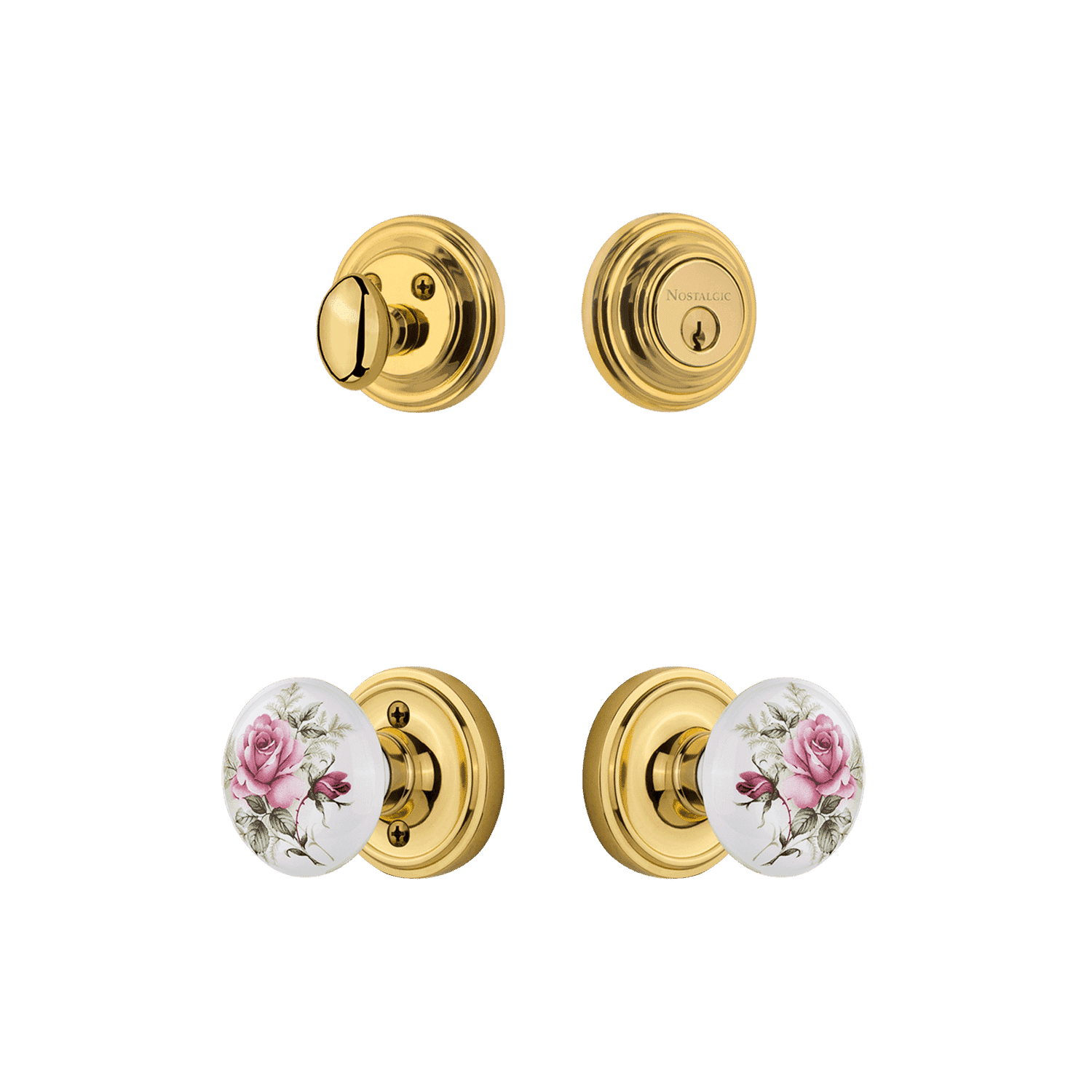 Vintage Rosette Entry Door Set with White Rose Porcelain Knob - Unlacquered Brass Hardware for Traditional Home Interiors & Victorian Style Doors