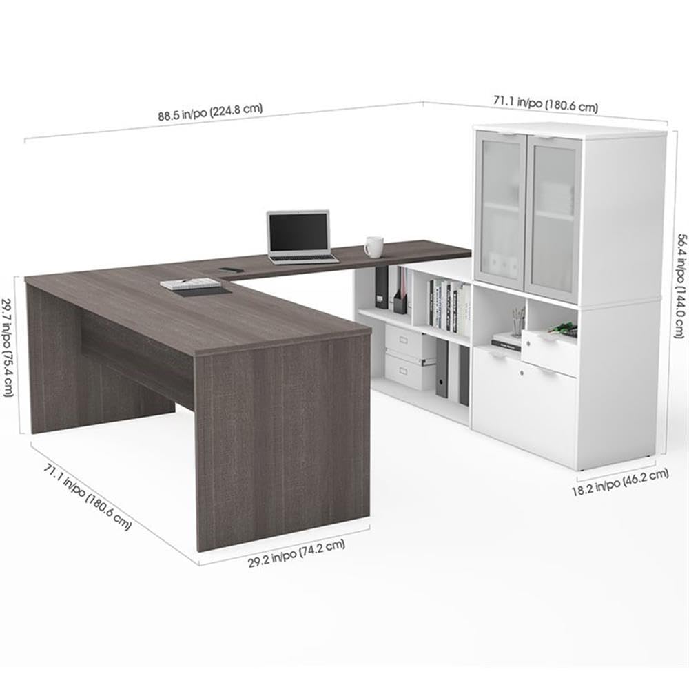 Modern U-Shaped Wooden Computer Desk with Hutch in Gray & White - Home Office, Gaming & Study Workstation - Space-Saving Design for Small Rooms