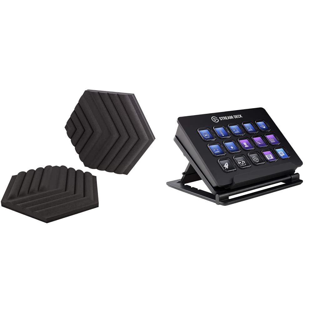 Corsair Elgato Wave Panels - 6 Pack Acoustic Soundproof Foam Panels for Home Studio & Streaming Setup | Black Noise Reduction Wall Tiles with Stream Deck Live Content Creation Controller (15 Customizable LCD Keys & Adjustable Stand) | Perfect for Podcasting, Gaming & Music Production