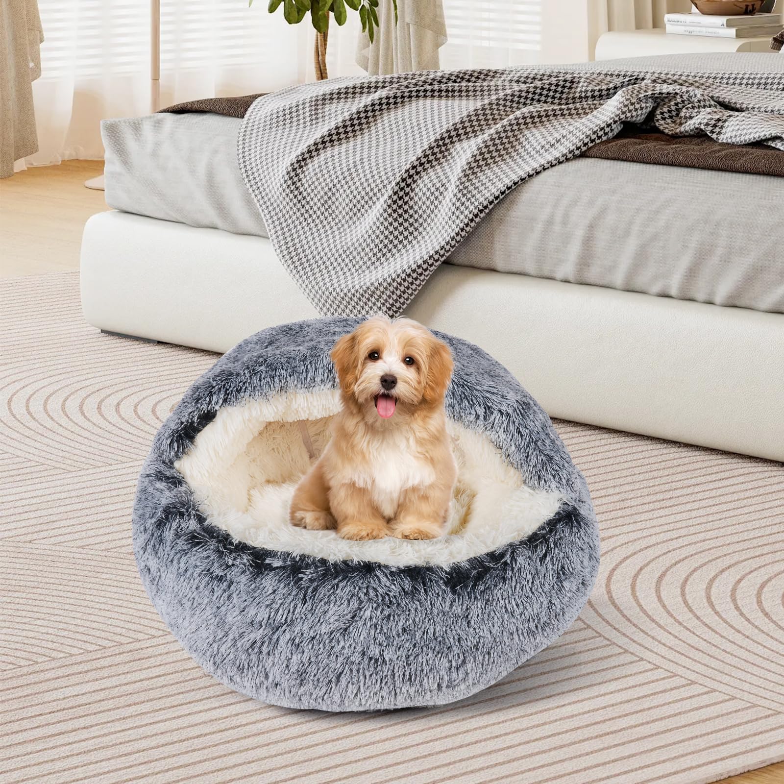 Premium Round Plush Donut Pet Bed for Cats & Small Dogs - Soft Calming Washable Dog & Cat Bed with Non-Slip Bottom - 16 Inch Cozy Bed for Indoor Pets, Perfect for Lounging & Napping in Living Room or Bedroom