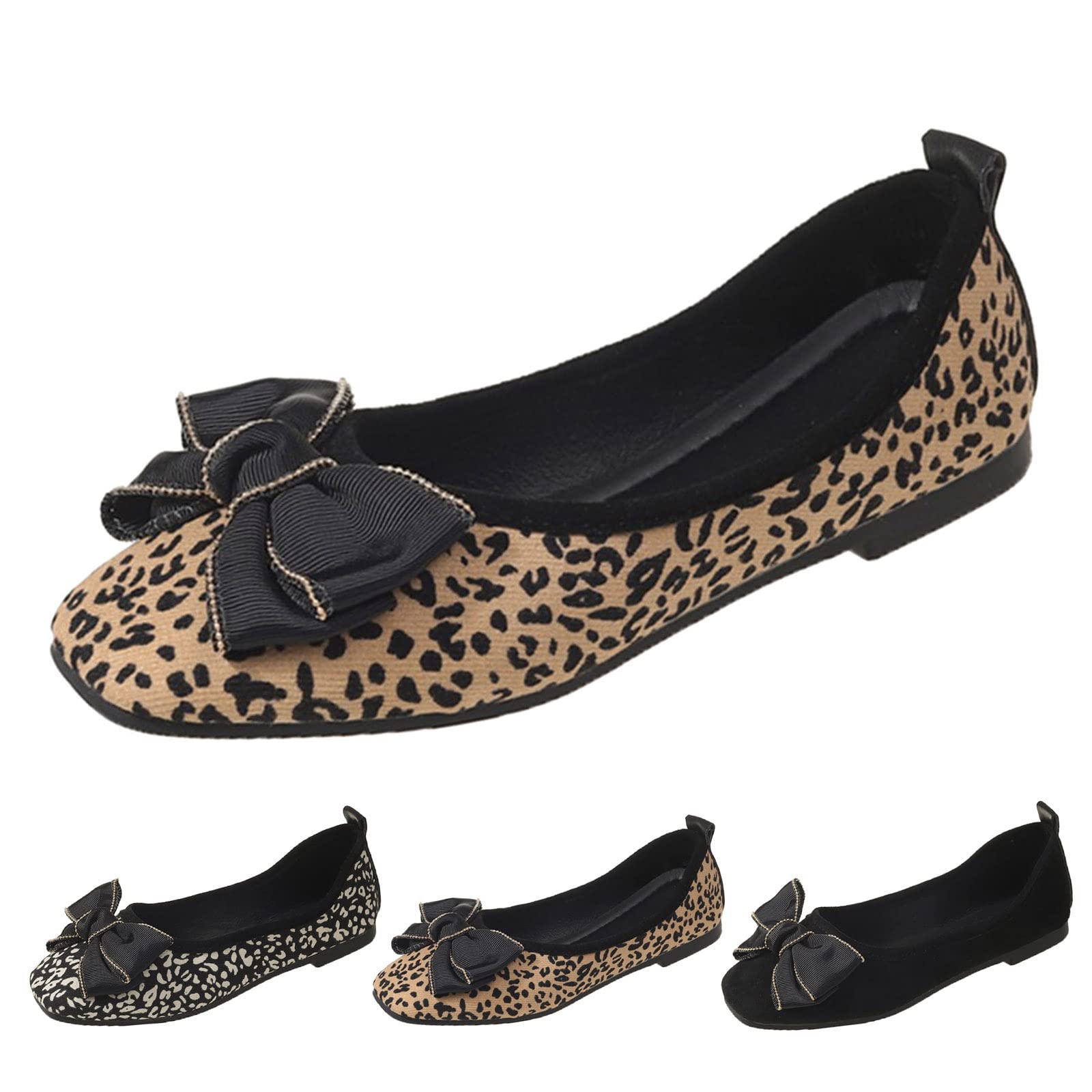Women's Casual Flat Shoes - Spring & Autumn Square Toe Bow Leopard Print Slip-On Loafers for Work, Office & Daily Wear | Comfortable Low Heel Dress Shoes