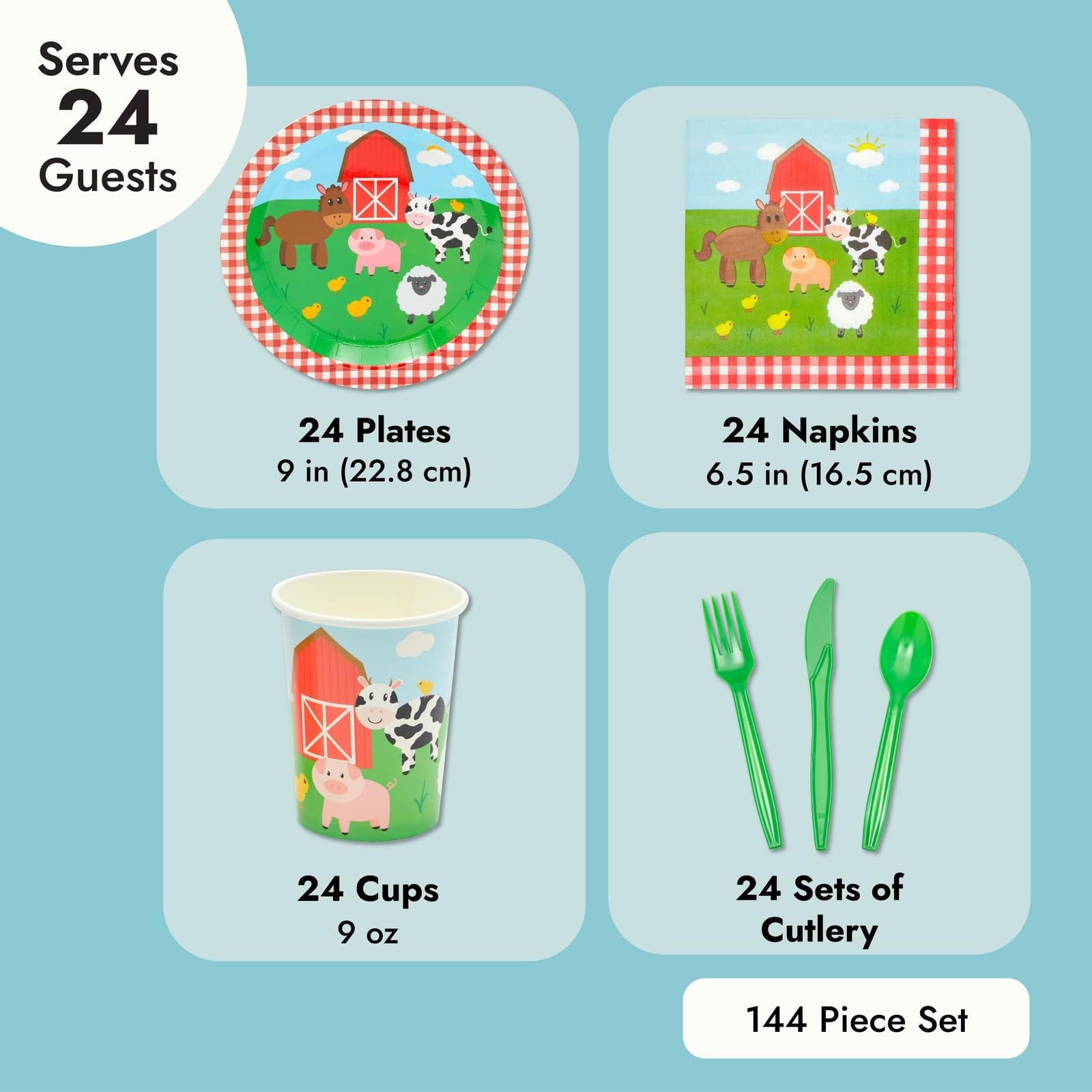 Juvale 144-Piece Farm Animal Birthday Party Supplies Set - Barnyard Themed Decorations with Paper Plates, Napkins, 9oz Cups & Plastic Cutlery for 24 Guests | Perfect for Kids Birthday Parties, Baby Showers & Farm-Themed Events