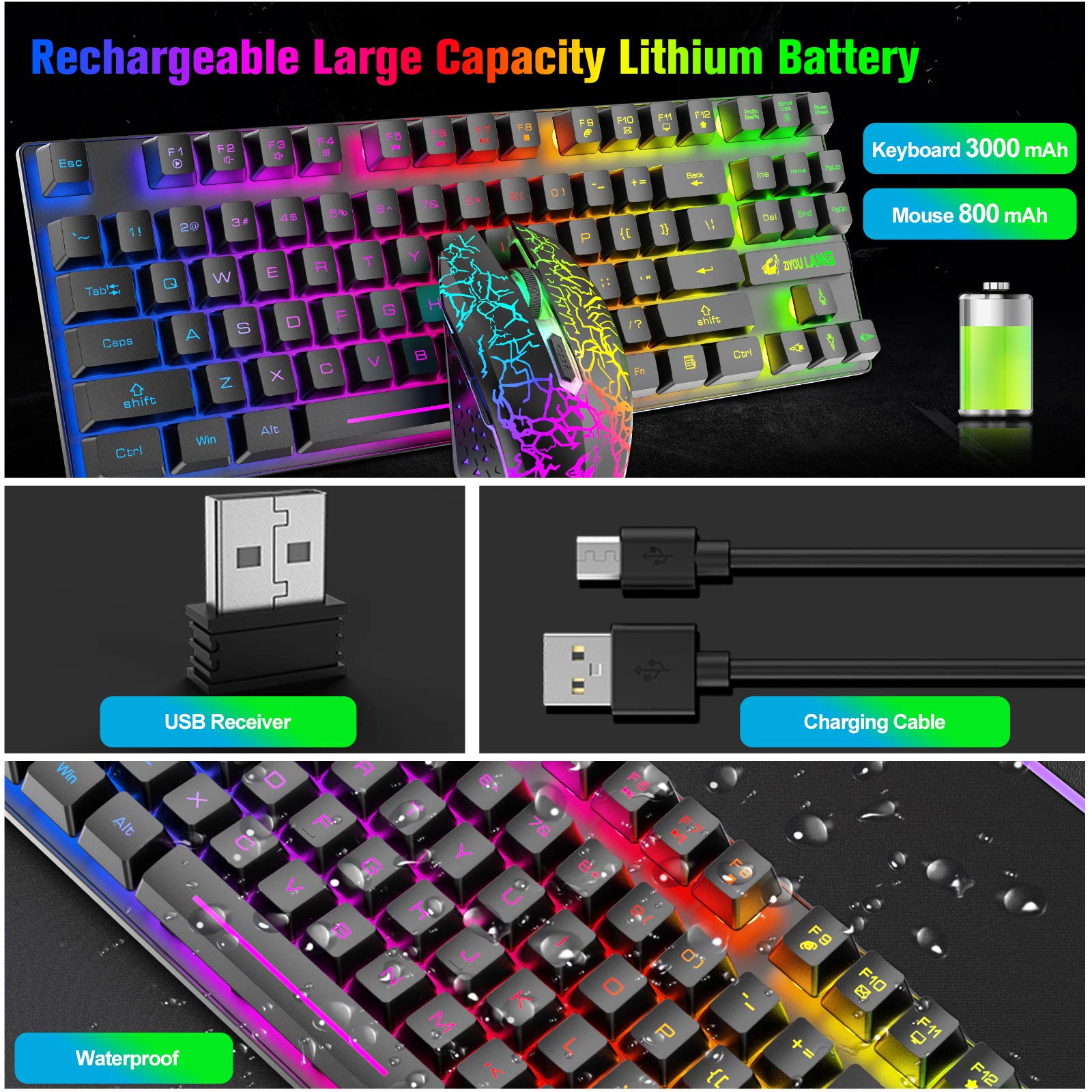 Wireless Keyboard and Mouse Set - 87 Key Rainbow LED Backlit, Rechargeable 3800mAh Battery, Mechanical Feel, RGB Mute Mouse for PC, Mac, Windows (Black) - Perfect for Gaming, Office Work, and Home Use