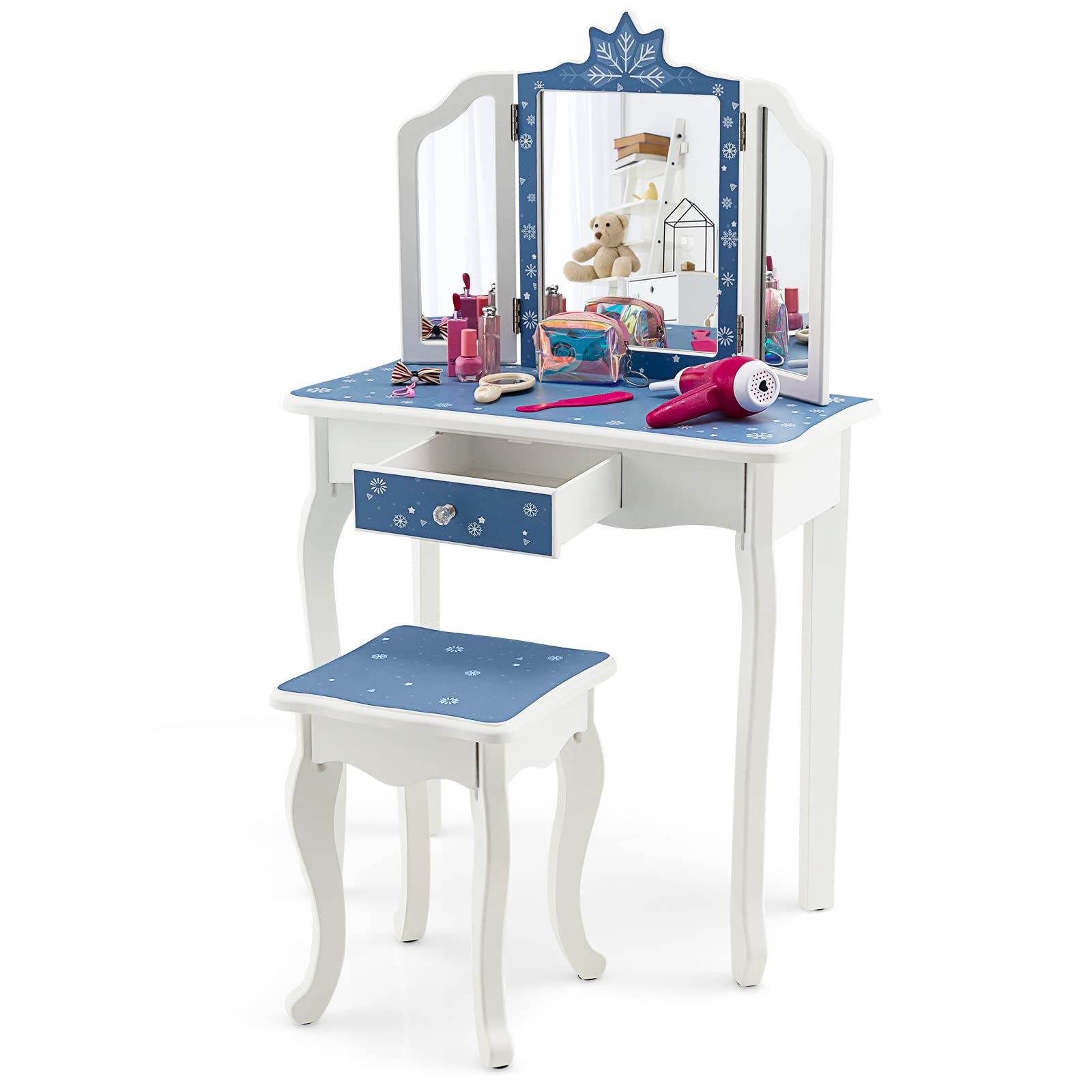 Honey Joy Kids Vanity Set - Princess Makeup Table with Mirror & Stool for Girls Bedroom (Blue) - Perfect for Dress-Up & Pretend Play