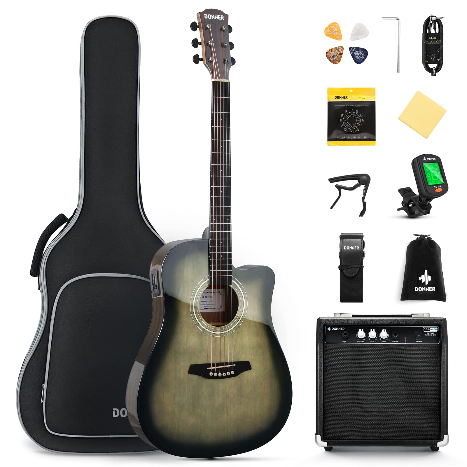 Donner 41-Inch Acoustic Electric Guitar Kit for Beginners & Intermediate Players - Includes Amplifier, Capo, Picks, Tuner, Strings & Strap - Perfect for Home Practice, Live Performances & Music Lessons