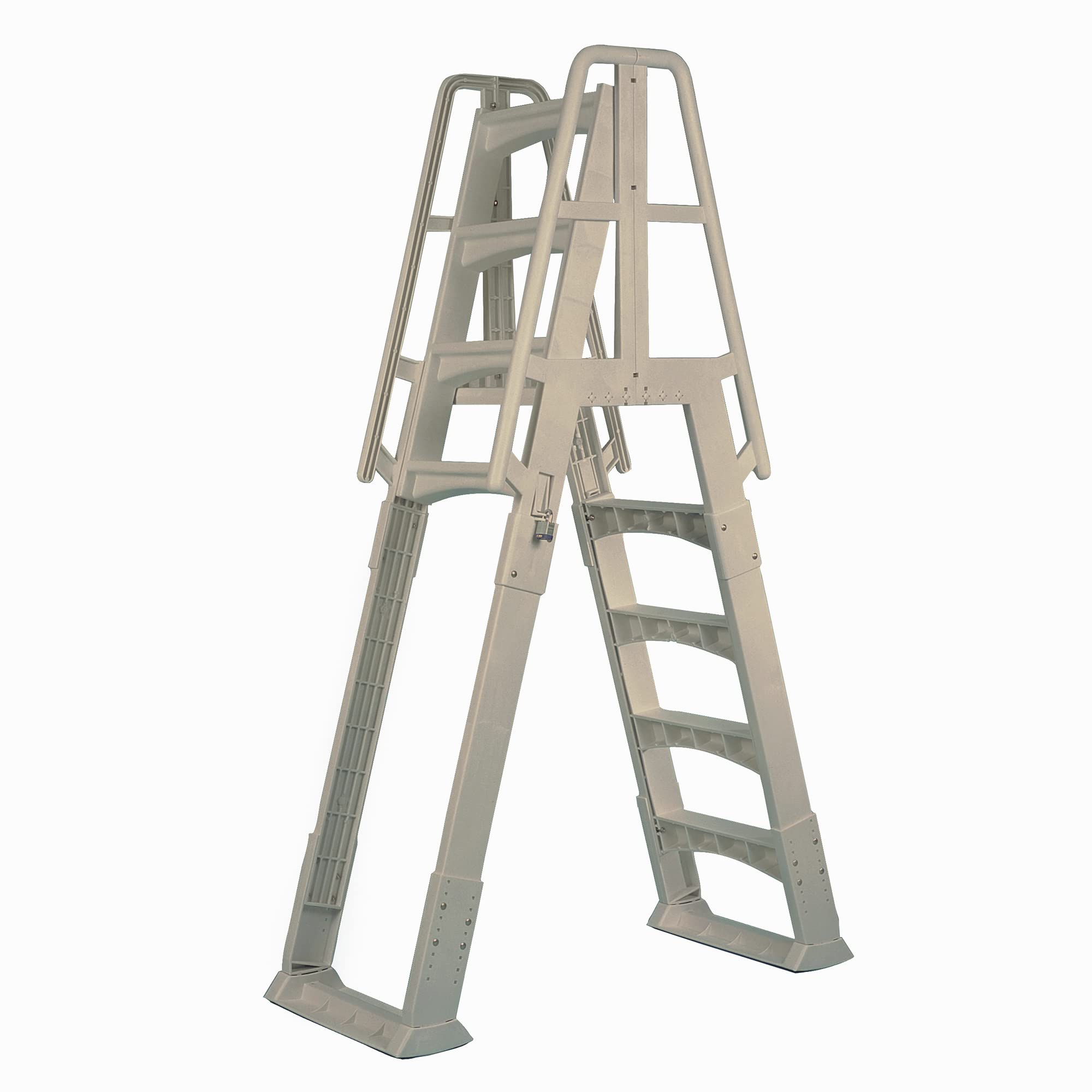 Vinyl Works SLA A-Frame 48-56 Inch Adjustable Above Ground Pool Ladder with Slide Lock Safety Barrier & Handrails, Taupe - Perfect for Easy Entry/Exit & Child Safety in Backyard Swimming Pools