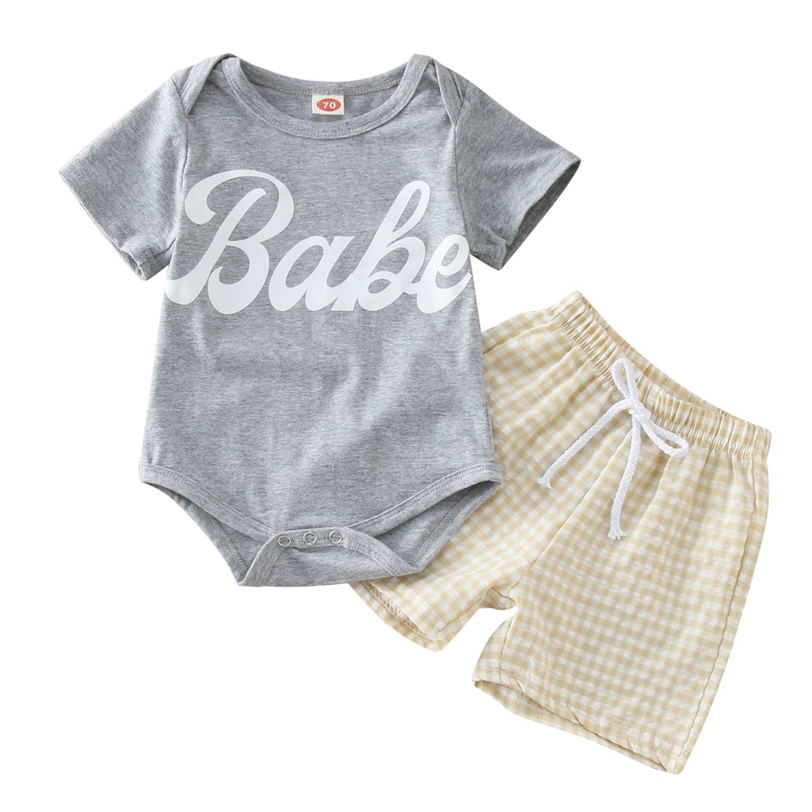 Baby Cotton Romper & Shorts Set - Newborn Infant Boys Girls Summer Outfit, Short Sleeve Letter Print Romper with Plaid Shorts - Perfect for Playtime, Beach & Family Photos