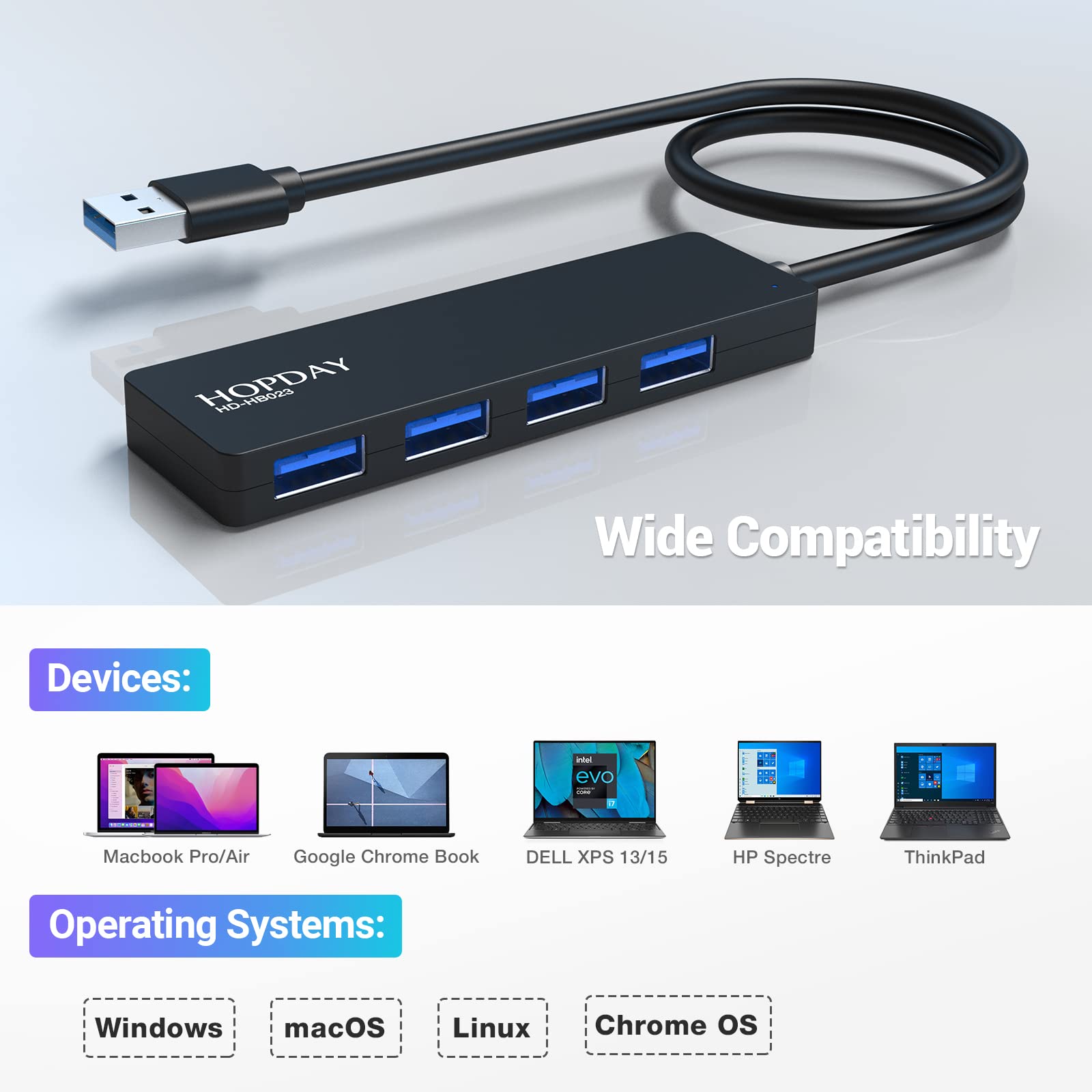 HOPDAY 4-Port USB 3.0 Hub - Ultra Slim Portable USB Splitter for MacBook, iMac, Mac Mini, Surface Pro, Dell, HP Laptops - Perfect for Office, Travel & Home Use