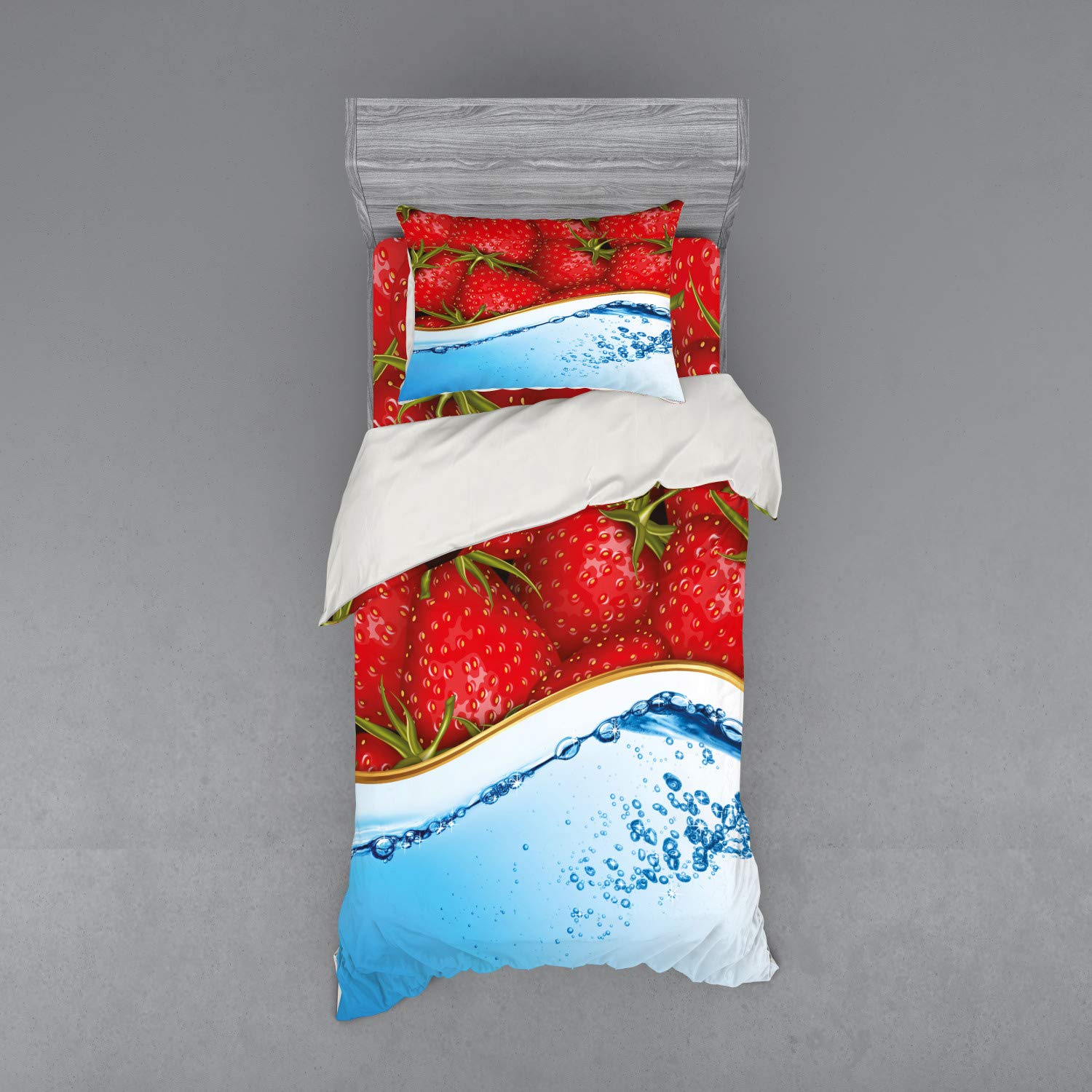 Ambesonne Strawberry Bedding Set - 3 Piece Duvet Cover with Sham & Fitted Sheet, Twin XL Size, Realistic Summer Fruit Design in Pale Blue & Dark Coral | Perfect for Kids' Rooms, Summer Decor & Fruit-Themed Bedrooms
