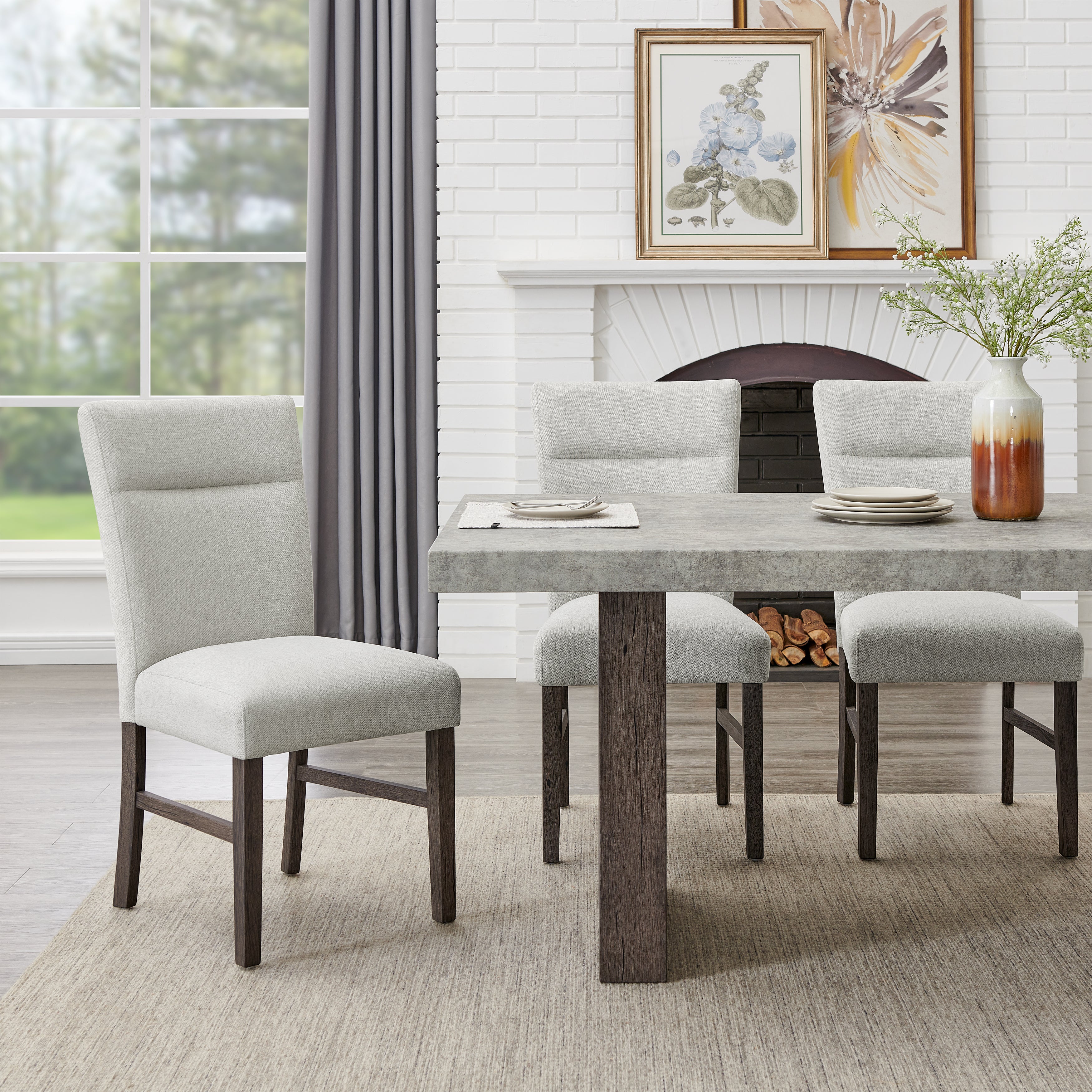 Roundhill Furniture Sorlen Modern 7-Piece Dining Set - 3D Faux Concrete Table with 6 Upholstered Chairs for Kitchen, Dining Room & Outdoor Patio